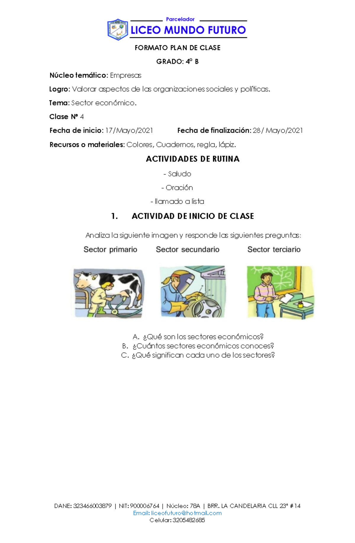 PLAN DE Clase 4°B - Marketing - DANE: 323466003879 | NIT: 900006764 ...