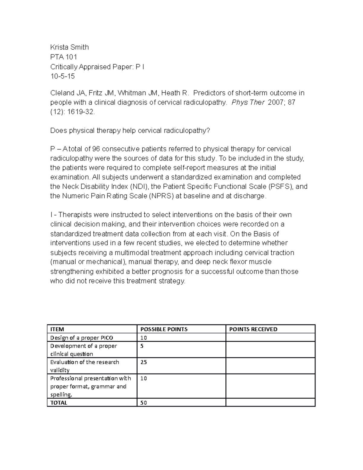 Kristas CAP Pi - n/a - Krista Smith PTA 101 Critically Appraised Paper ...