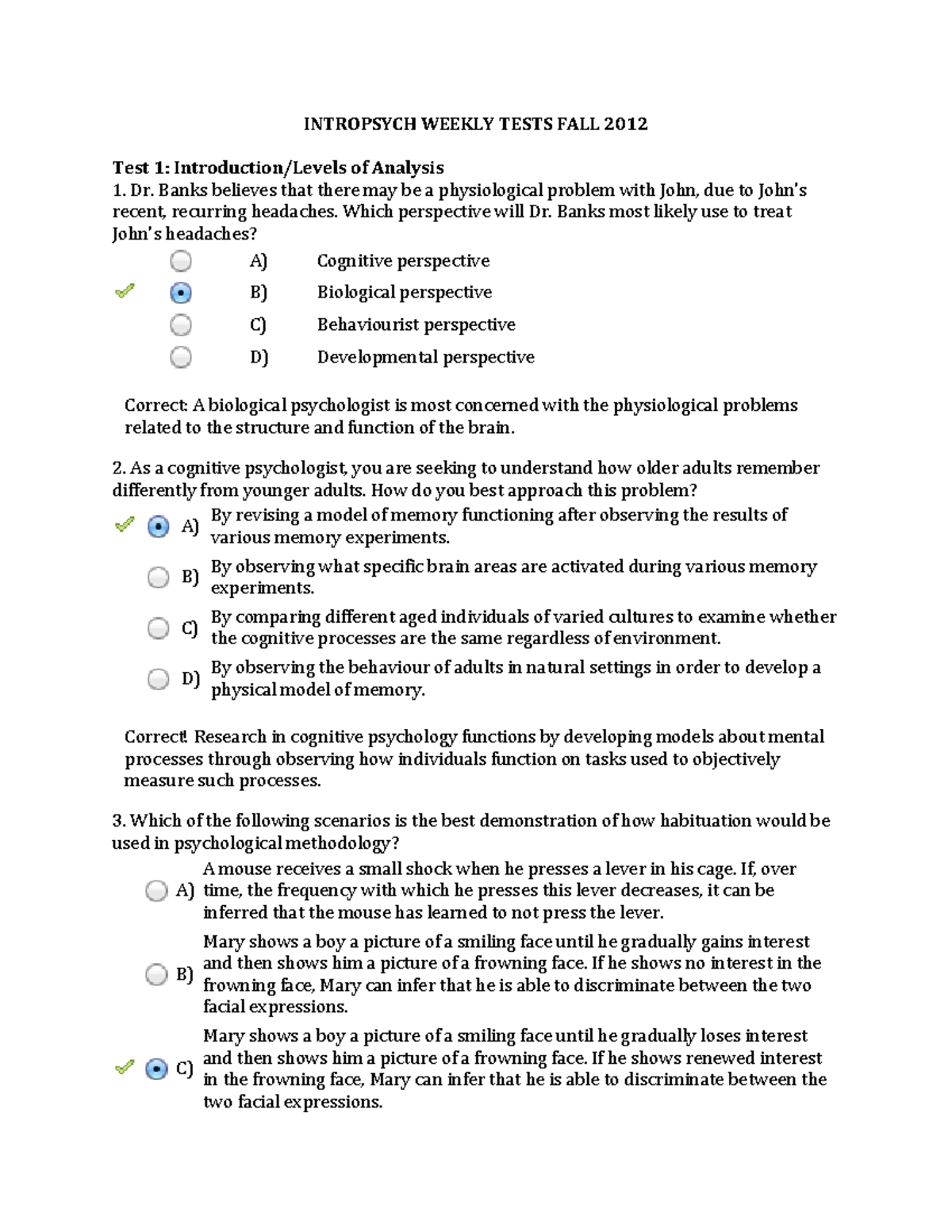 Psych Sample Questions - INTROPSYCH WEEKLY TESTS FALL 2012 Test 1 ...