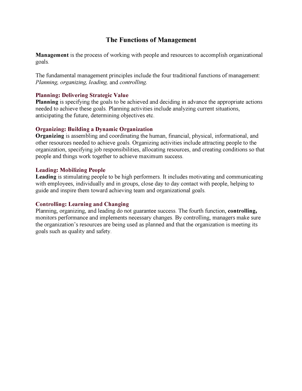 literature review on functions of management