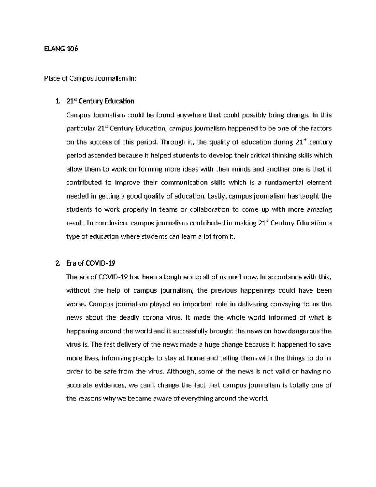 Campus Journalism in the 21st century - ELANG 106 Place of Campus ...