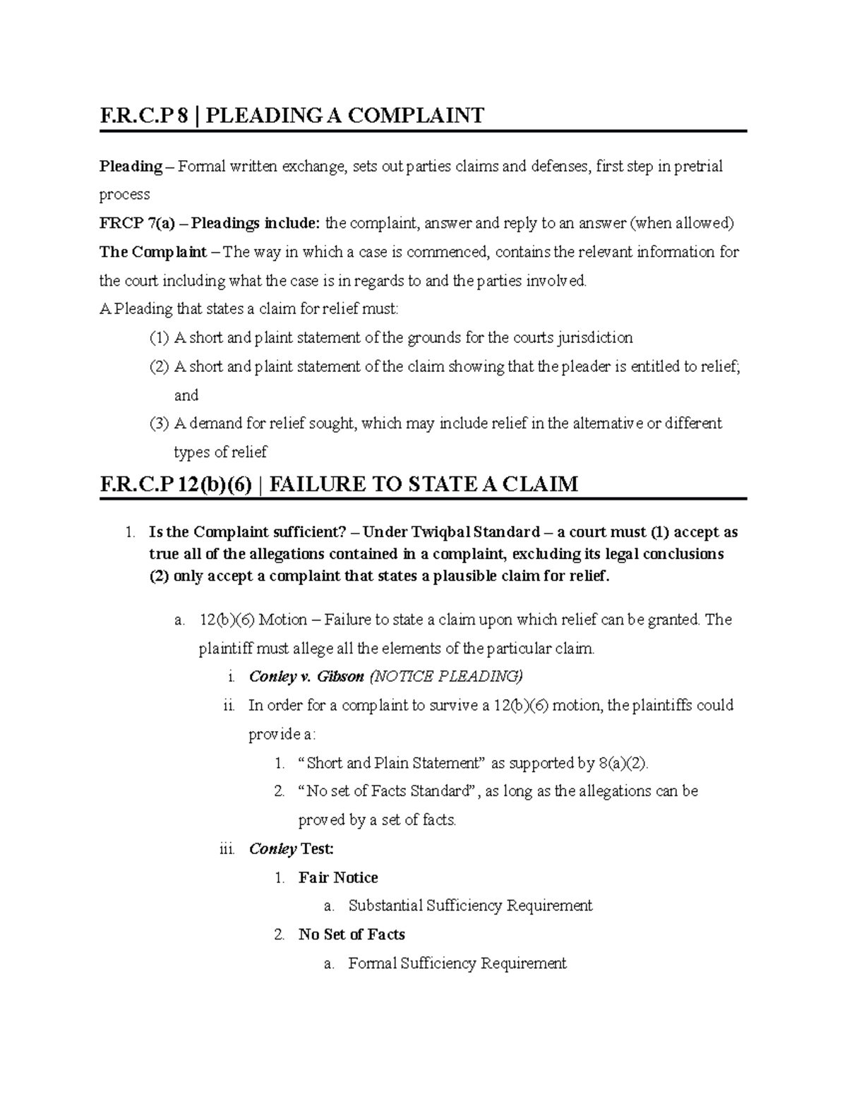 Glynn 2020 Fall Civil Procedure Outline F R C 8 PLEADING A