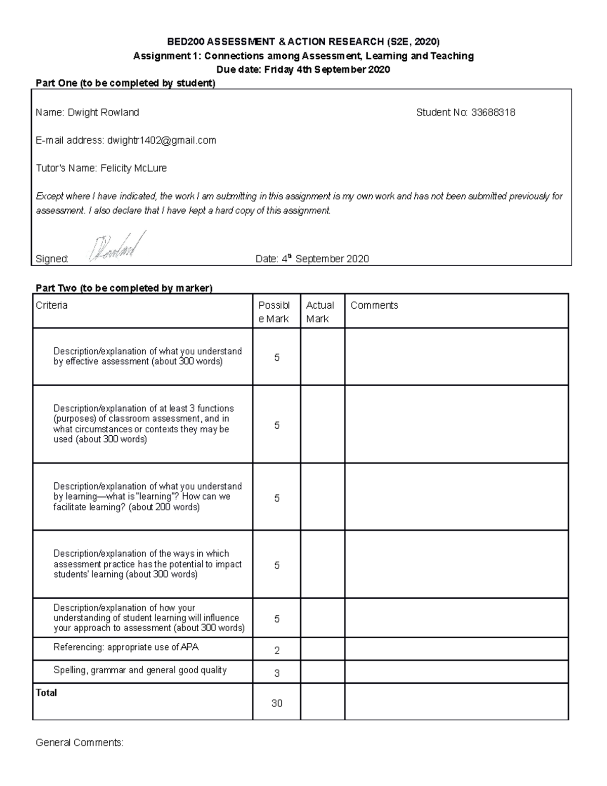 Assignment 1 BED200 Assessment and Action Research - BED200 ASSESSMENT ...