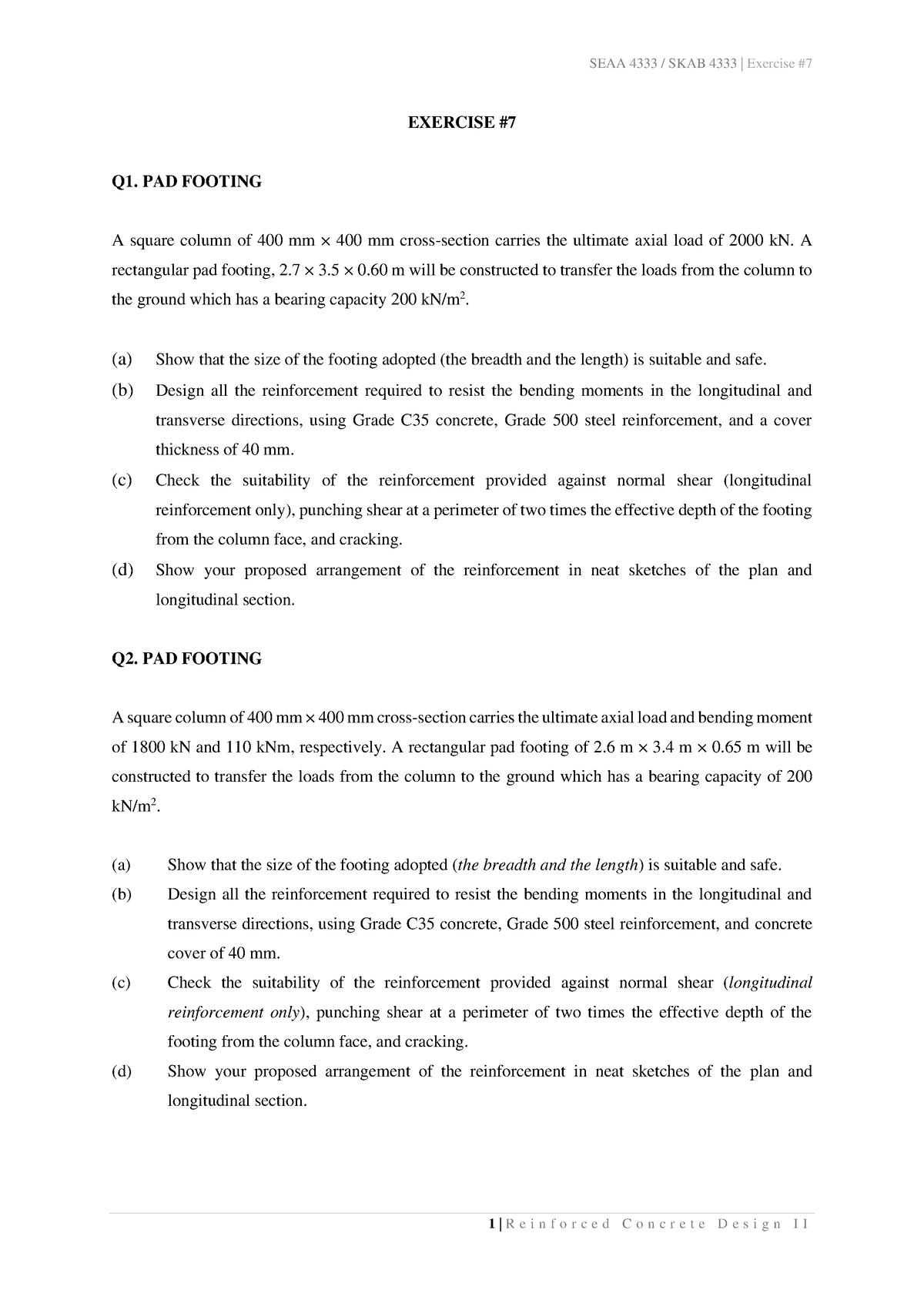 Exercise #7 - Footing - SEAA 4333 / SKAB 4333 | Exercise # 1 | R E I N ...