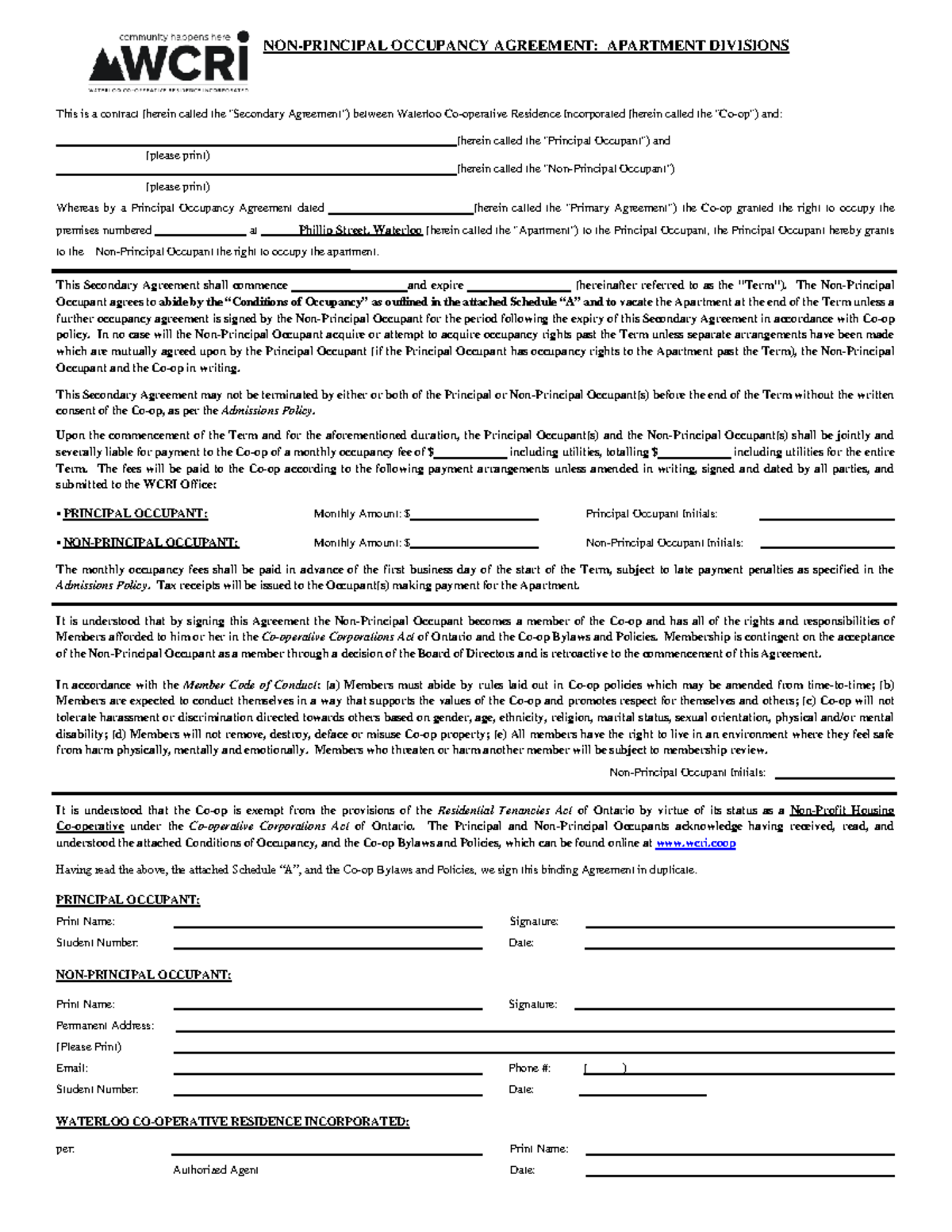 Sublet Agreement - vbvnv - NON-PRINCIPAL OCCUPANCY AGREEMENT: APARTMENT ...