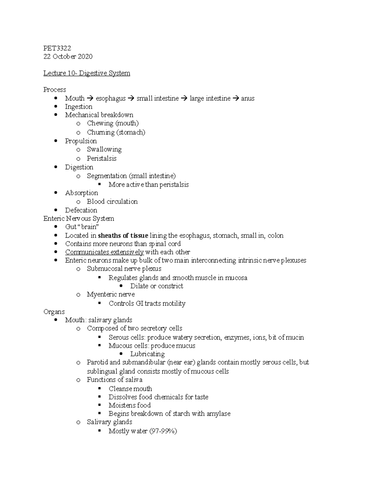 Digestive System Lecture Notes 10 Pet 22 October 2020 Lecture 10