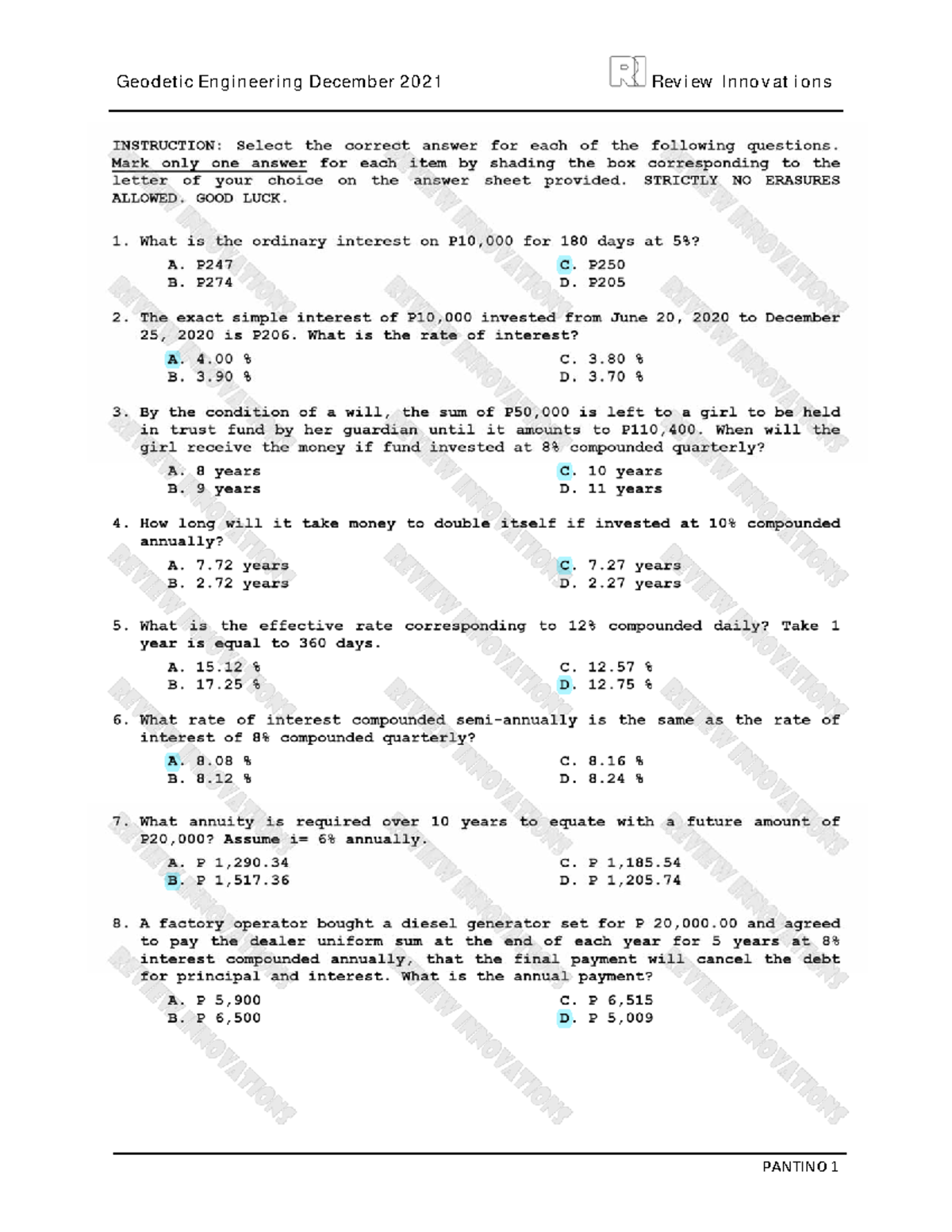 Engineering Economy - Geodet ic Engineering December 2 0 2 1 Rev i ew I ...