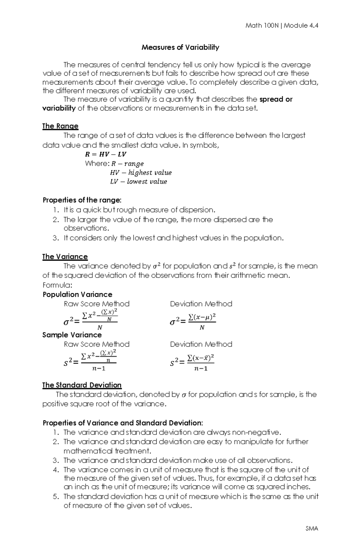 Descriptive Statistics Part 4 - Math 100N|Module 4. SMA Measures of ...