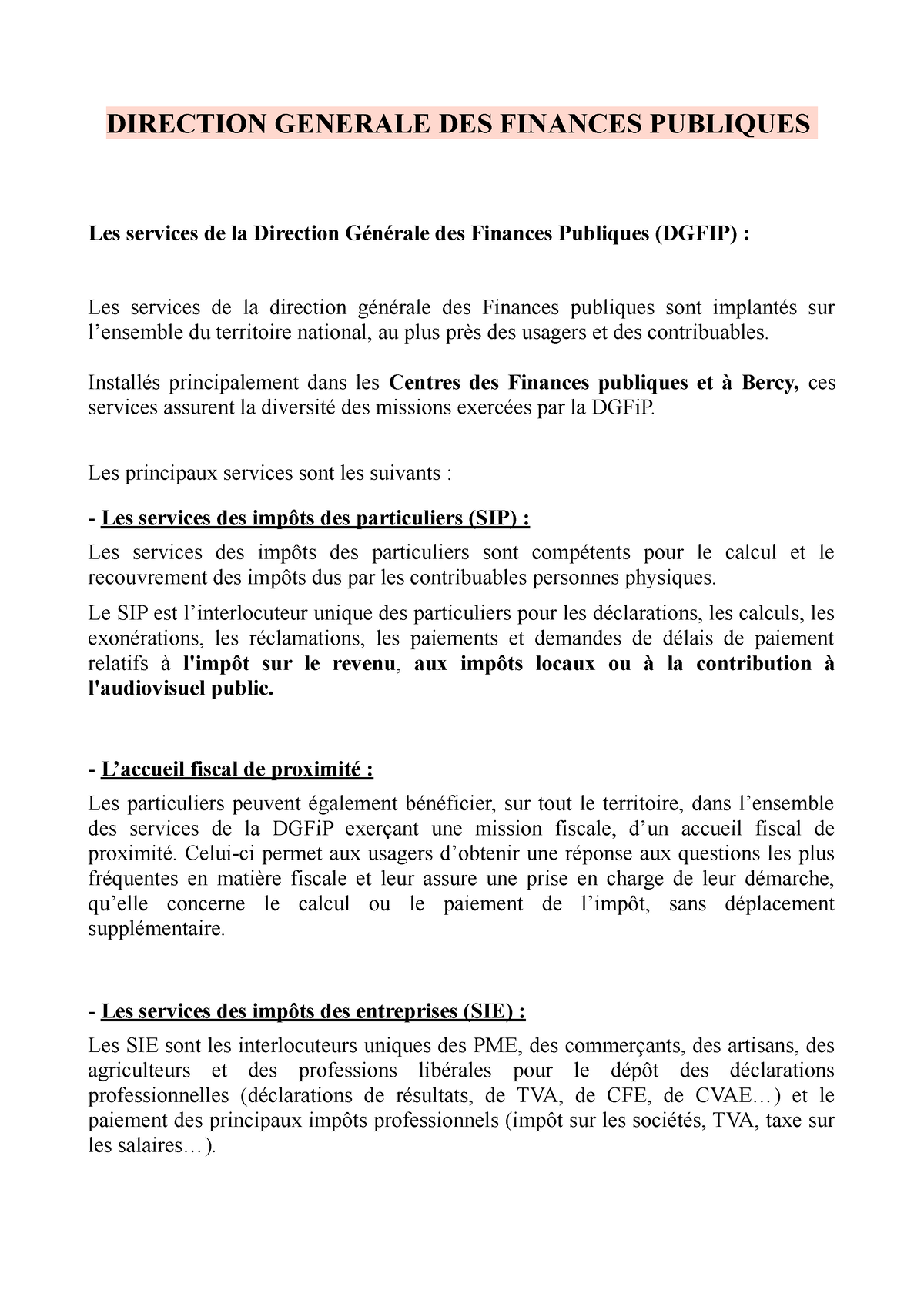 5. Services De La Dgfip - DIRECTION GENERALE DES FINANCES PUBLIQUES Les ...