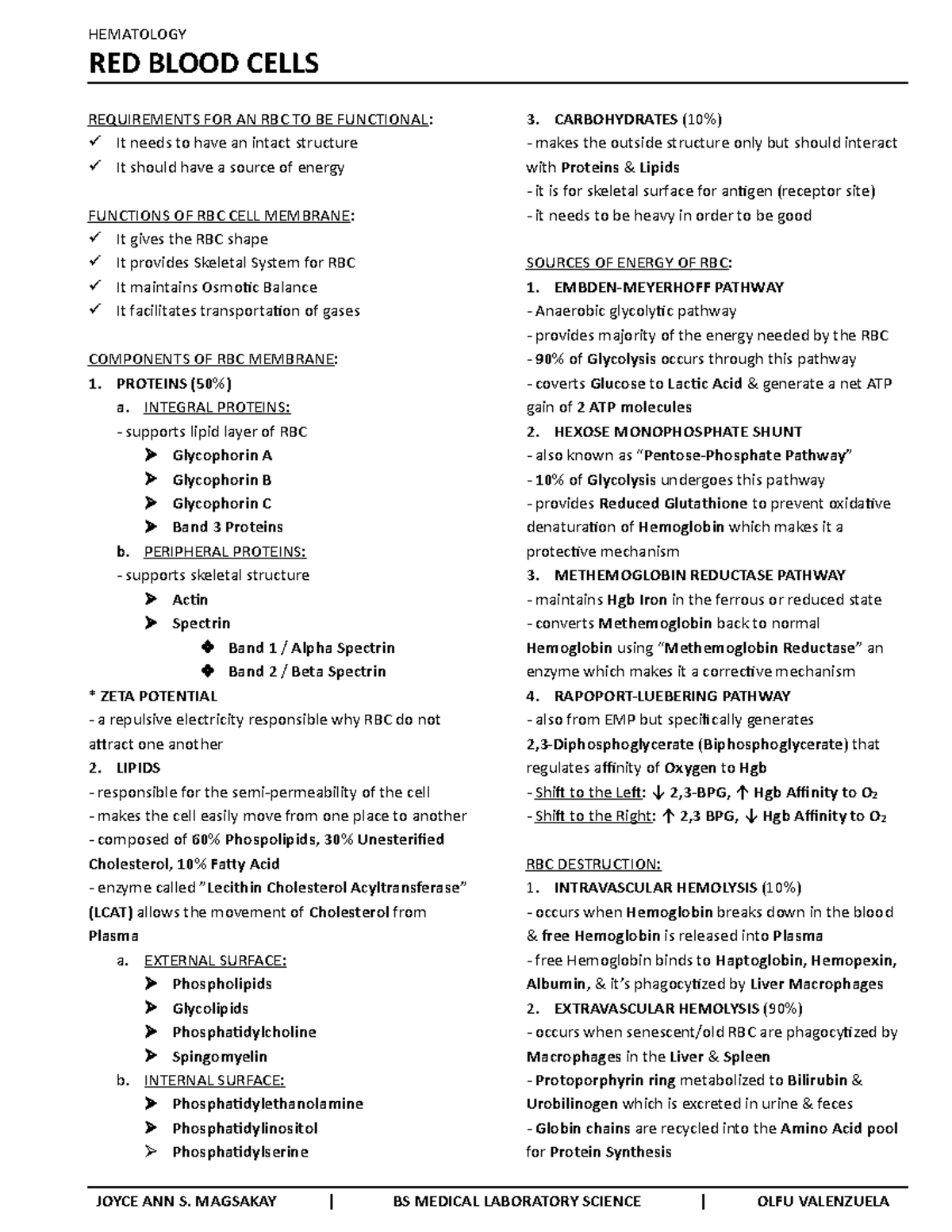 6.1. Red Blood Cells - Notes taken from the lecture of Sir Antonio ...