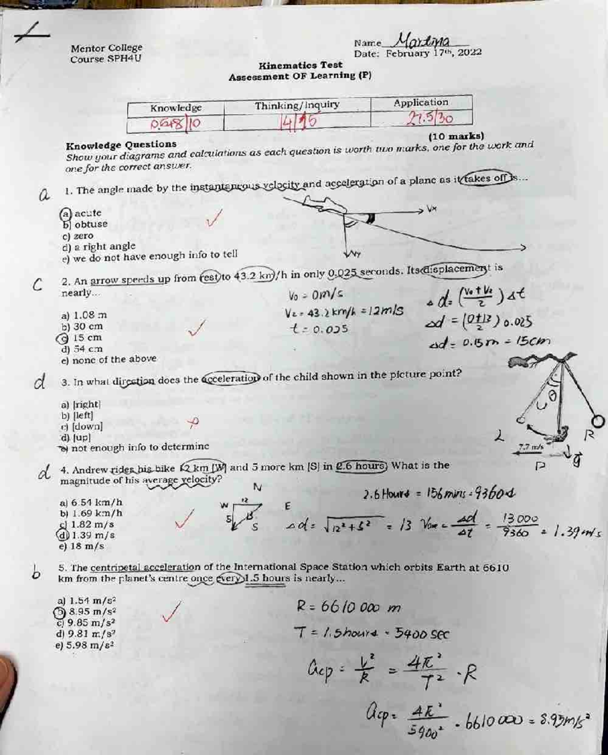 Kinematics Test - a 1. The angle made the instantaneous velocity and ...
