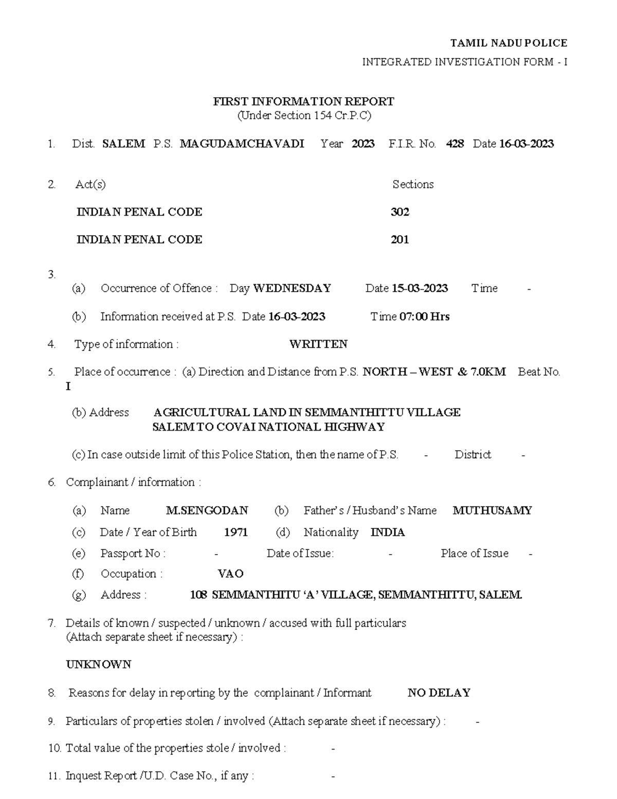 FORM IF 1 - Summary Contact Law - TAMIL NADU POLICE INTEGRATED ...
