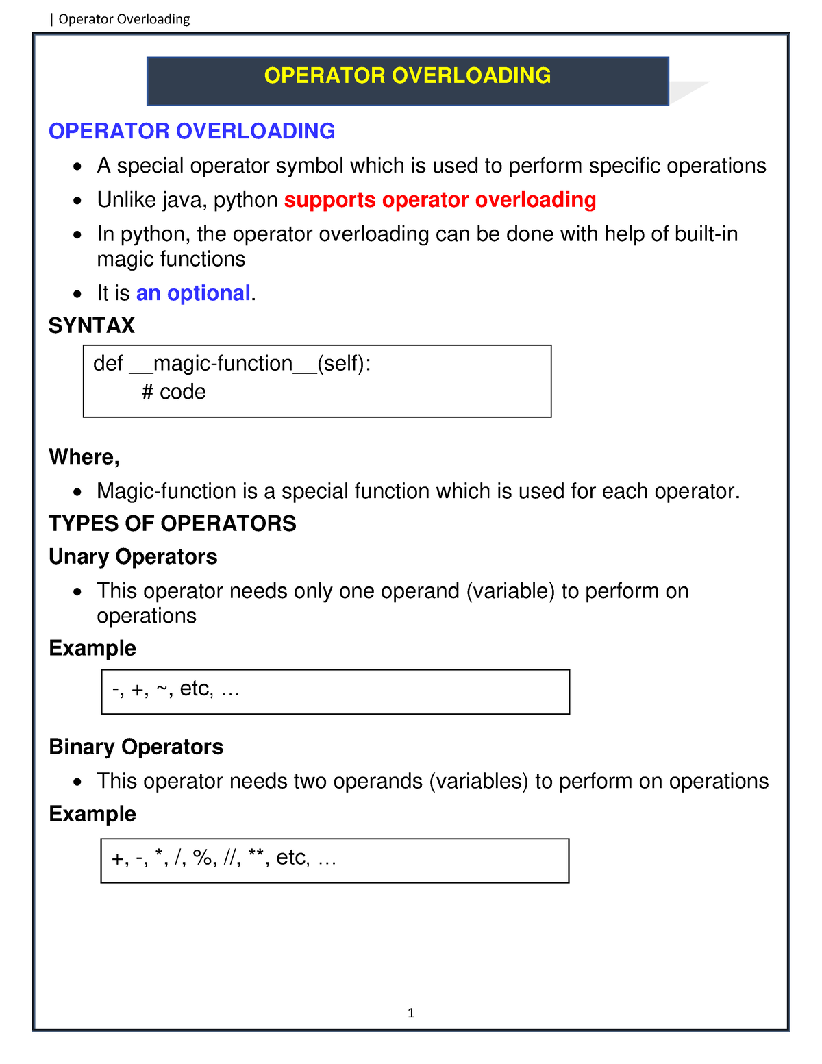 Notes On Operator Overloading InC++ - Notes - LearnPick India