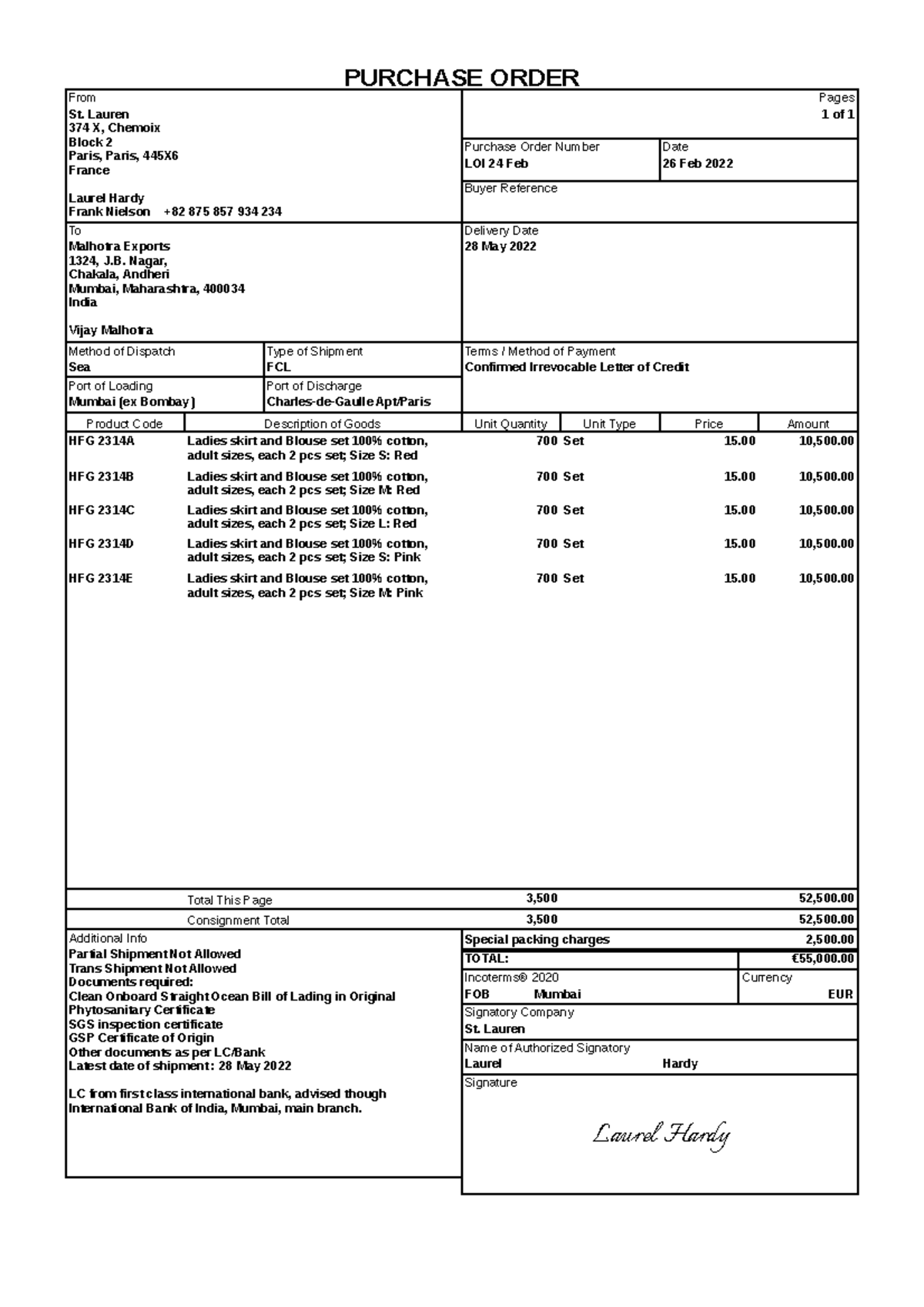 St Lauren Purchase Order - PURCHASE ORDER From St. Lauren 374 X ...