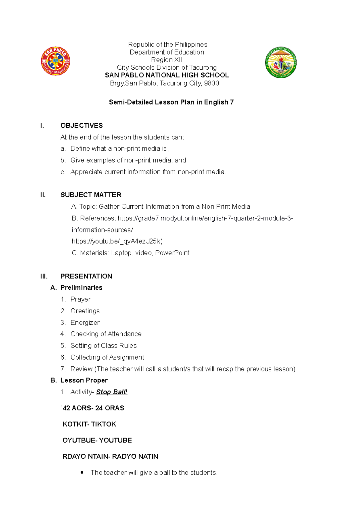 Non-Print Media Lesson Plan - Republic of the Philippines Department of ...