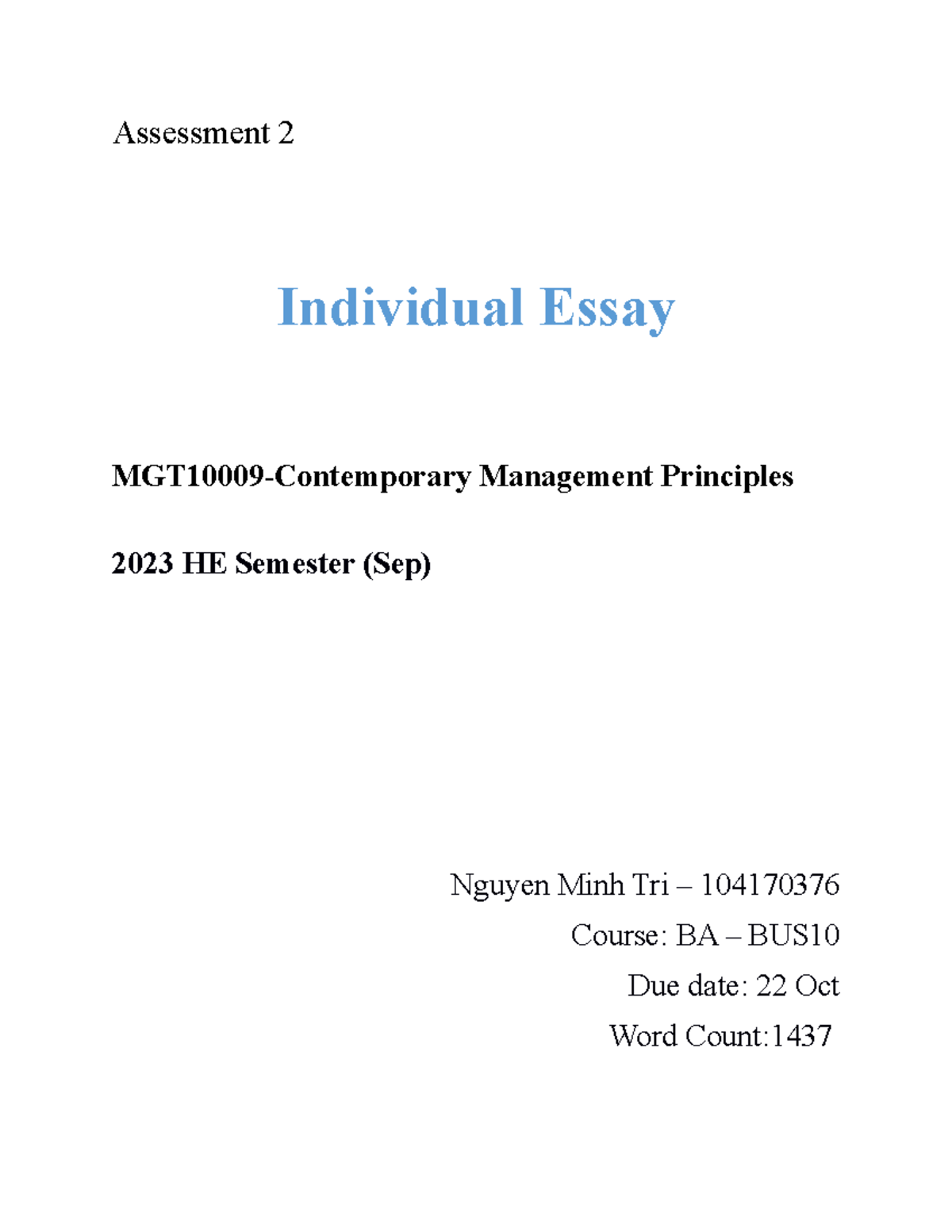 Assessment 2 Individual Essay Nguyen Minh Tri Assessment 2 Individual
