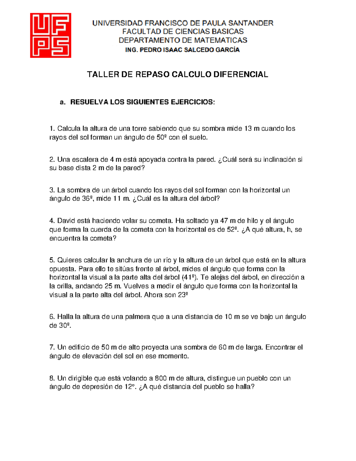 Taller DE Repaso Calculo Diferencial - TALLER DE REPASO CALCULO ...