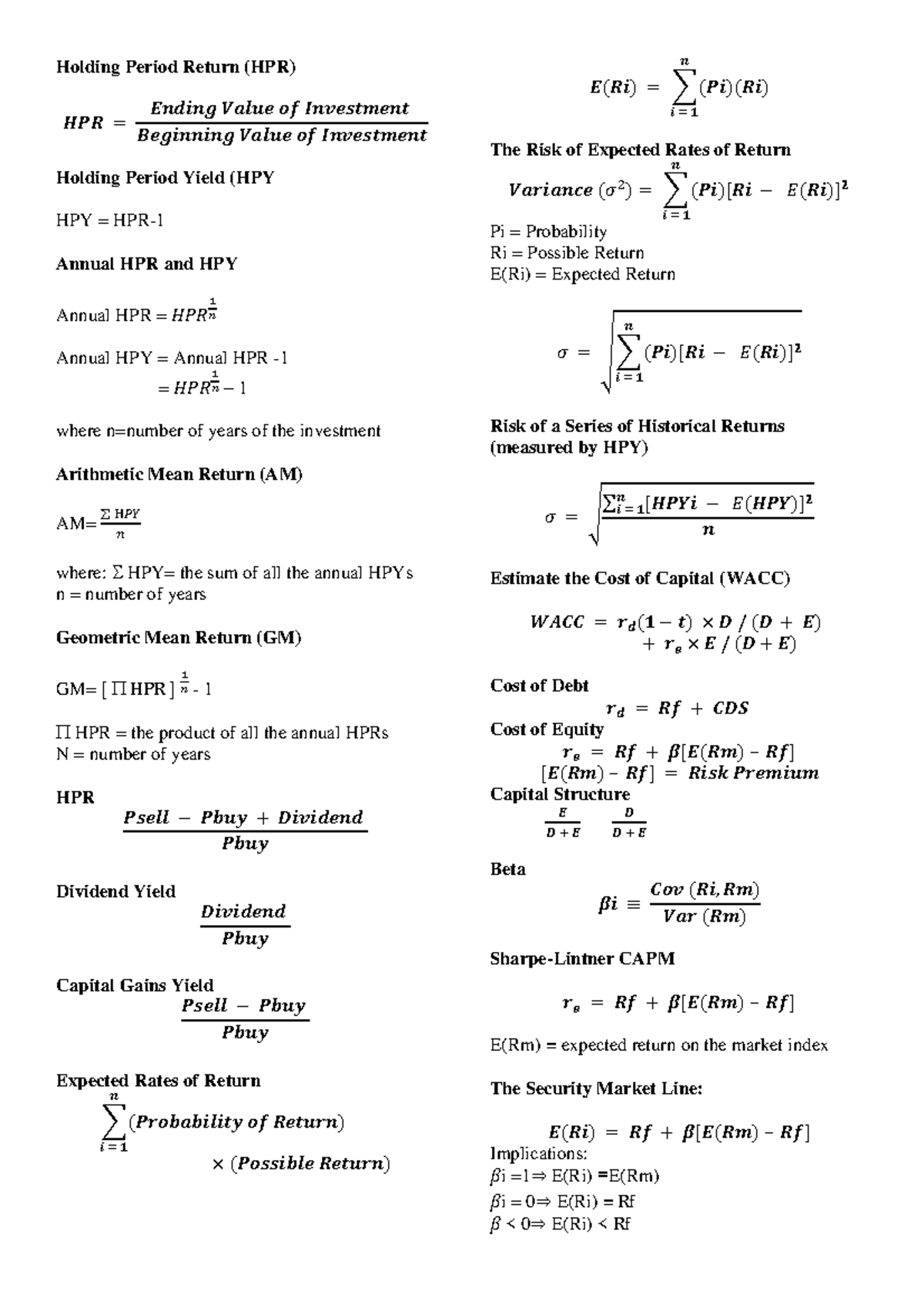 IA Formulas Formula Sheet used for final Holding Period Return (HPR