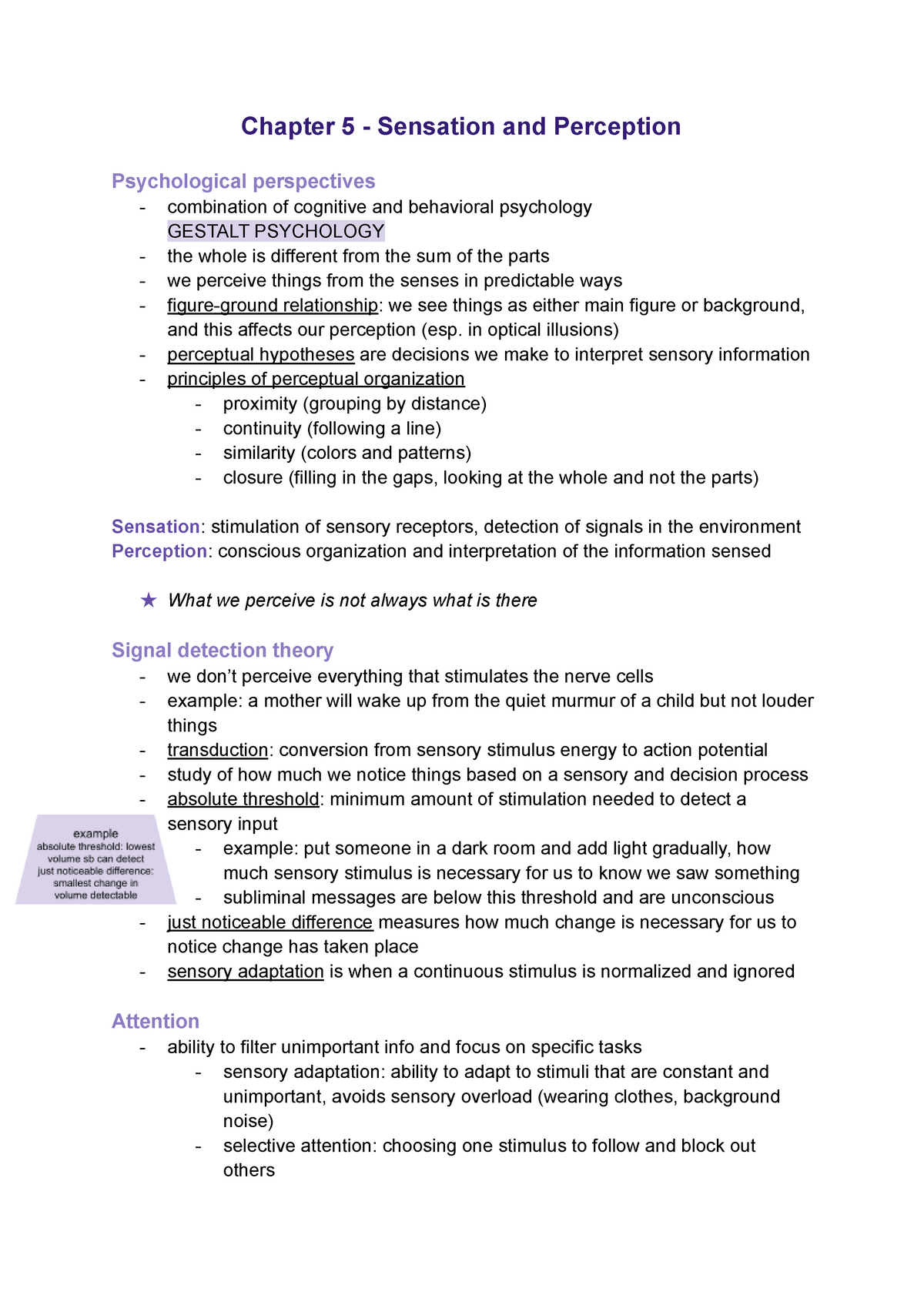 Chapter 5 Notes Sensation And Perception - Psych 120 - Purdue - Studocu