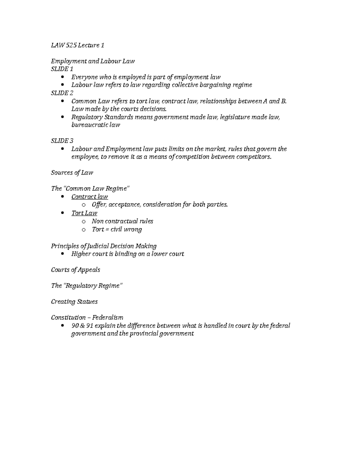 LAW 529 Lecture 1 - LAW 525 Lecture 1 Employment and Labour Law SLIDE 1 ...
