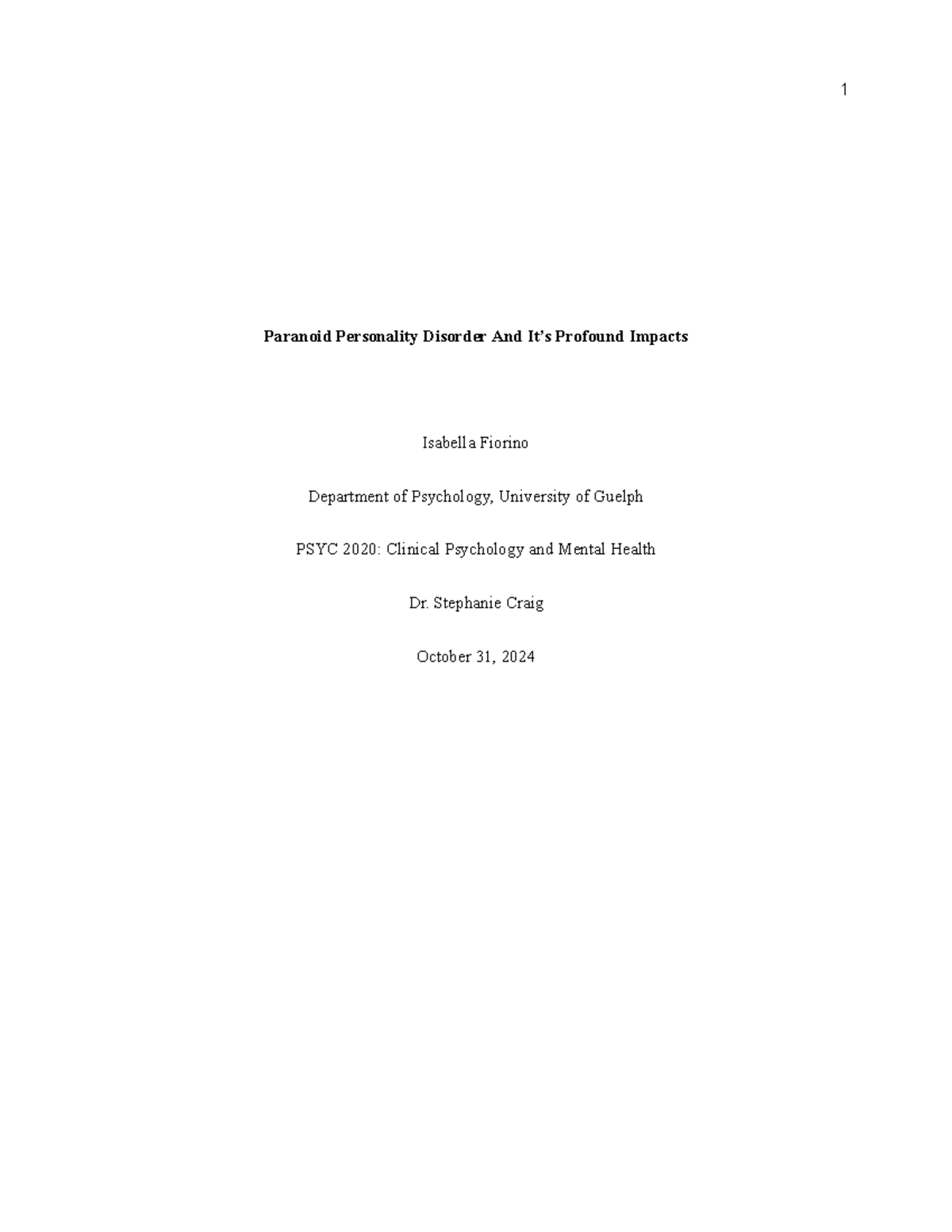 PSYC*2020 Relfection Paper #2 - Paranoid Personality Disorder And It’s ...