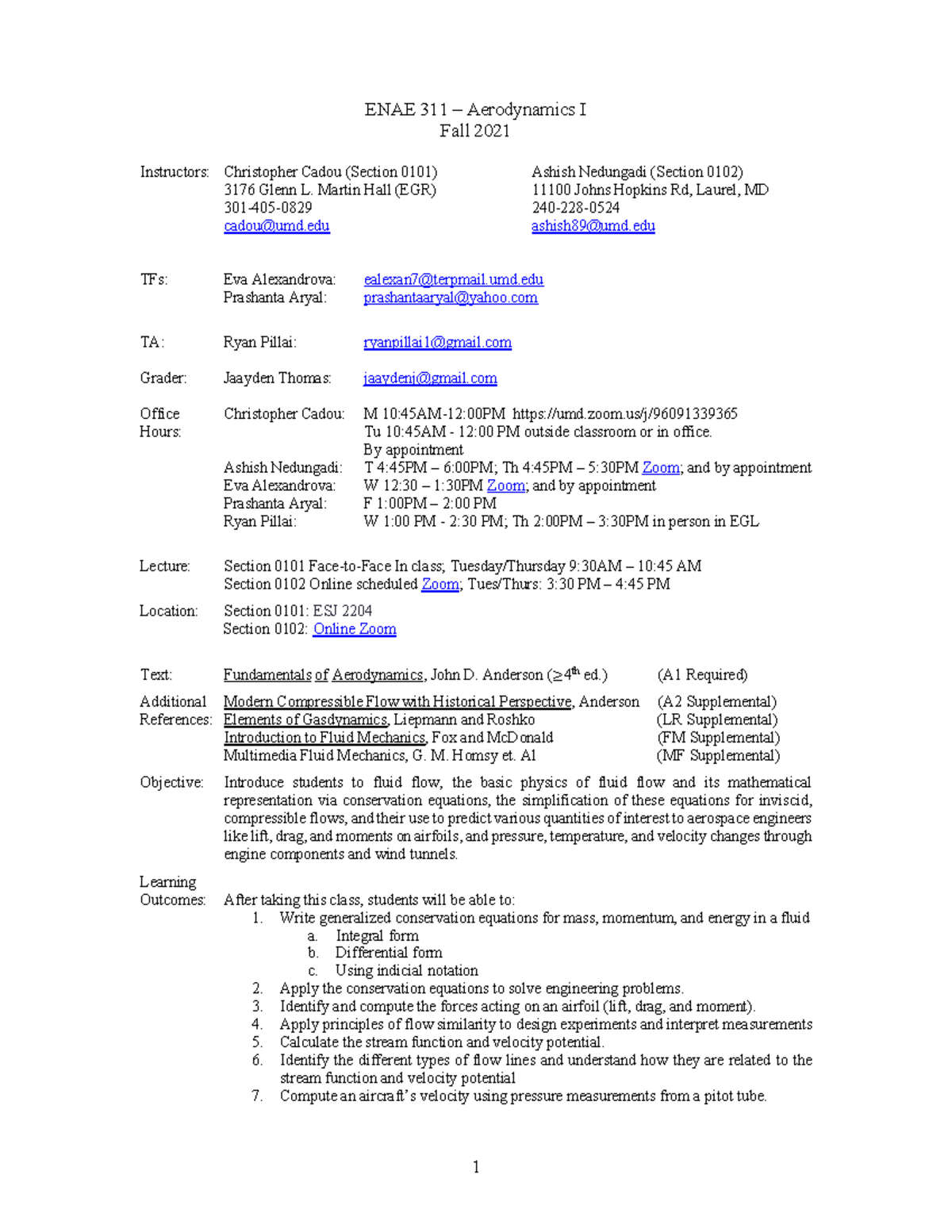 ENAE 311 syllabus 21 V10 - ENAE 311 – Aerodynamics I Fall 2021 ...