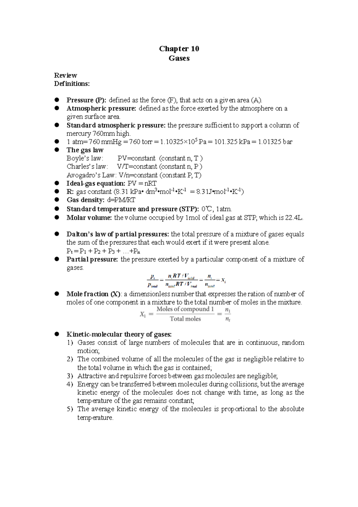 Review-chapter 10 - Tut - Chapter 10 Gases Review Definitions: Pressure ...