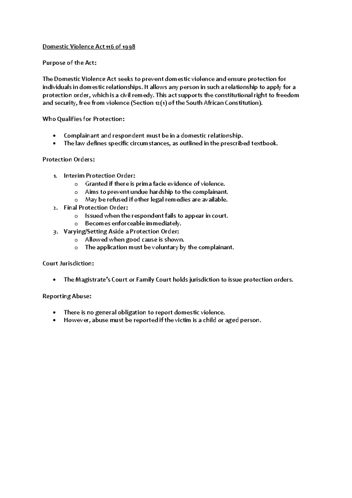 Unit 15 summary - Domestic Violence Act 116 of 1998 Purpose of the Act ...