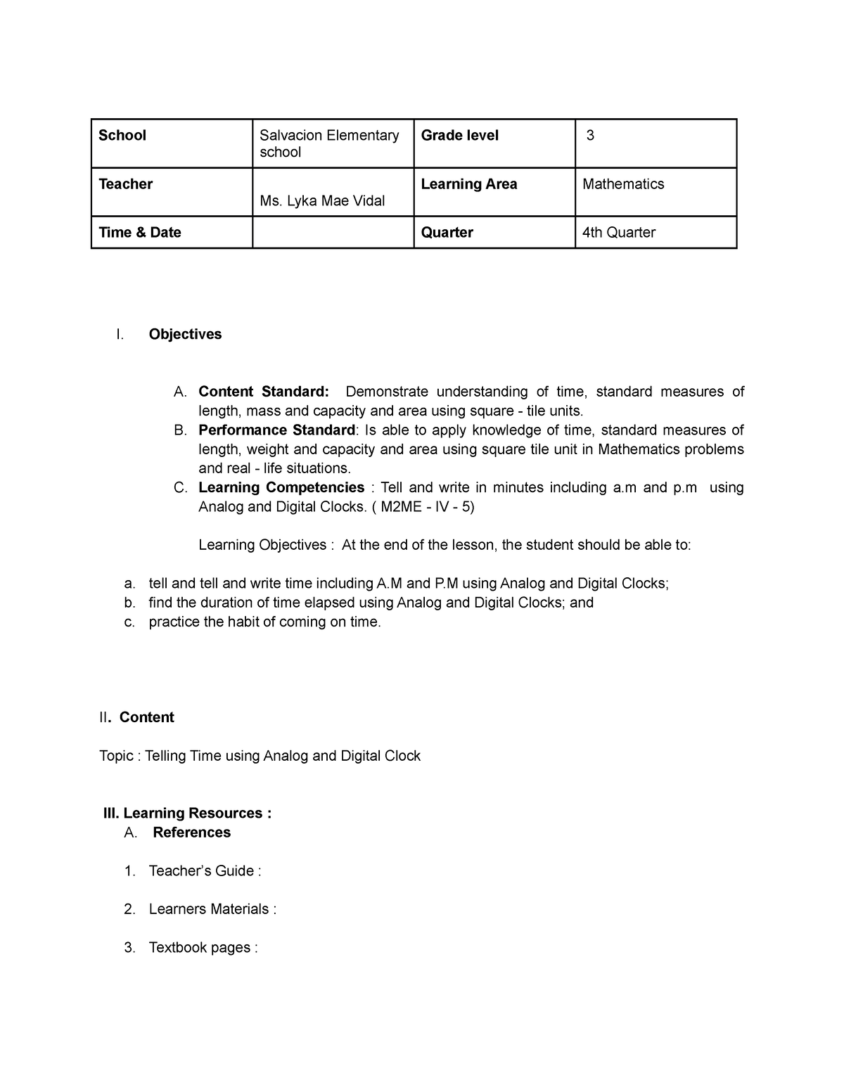 4s lesson plan in Mathematics 3 - School Salvacion Elementary school ...