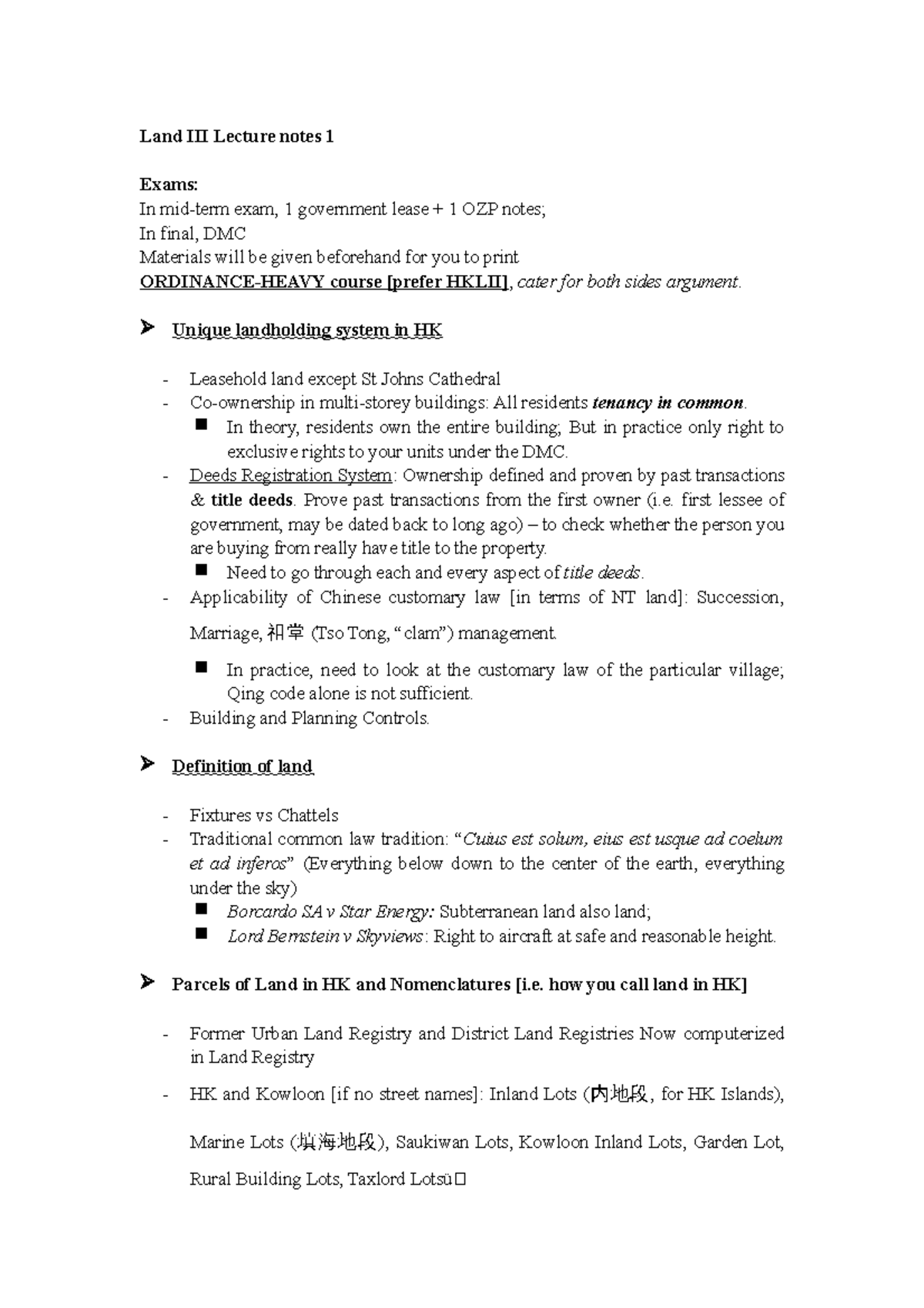 Land III Lecture 1 notes - Unique landholding system in HK Leasehold ...