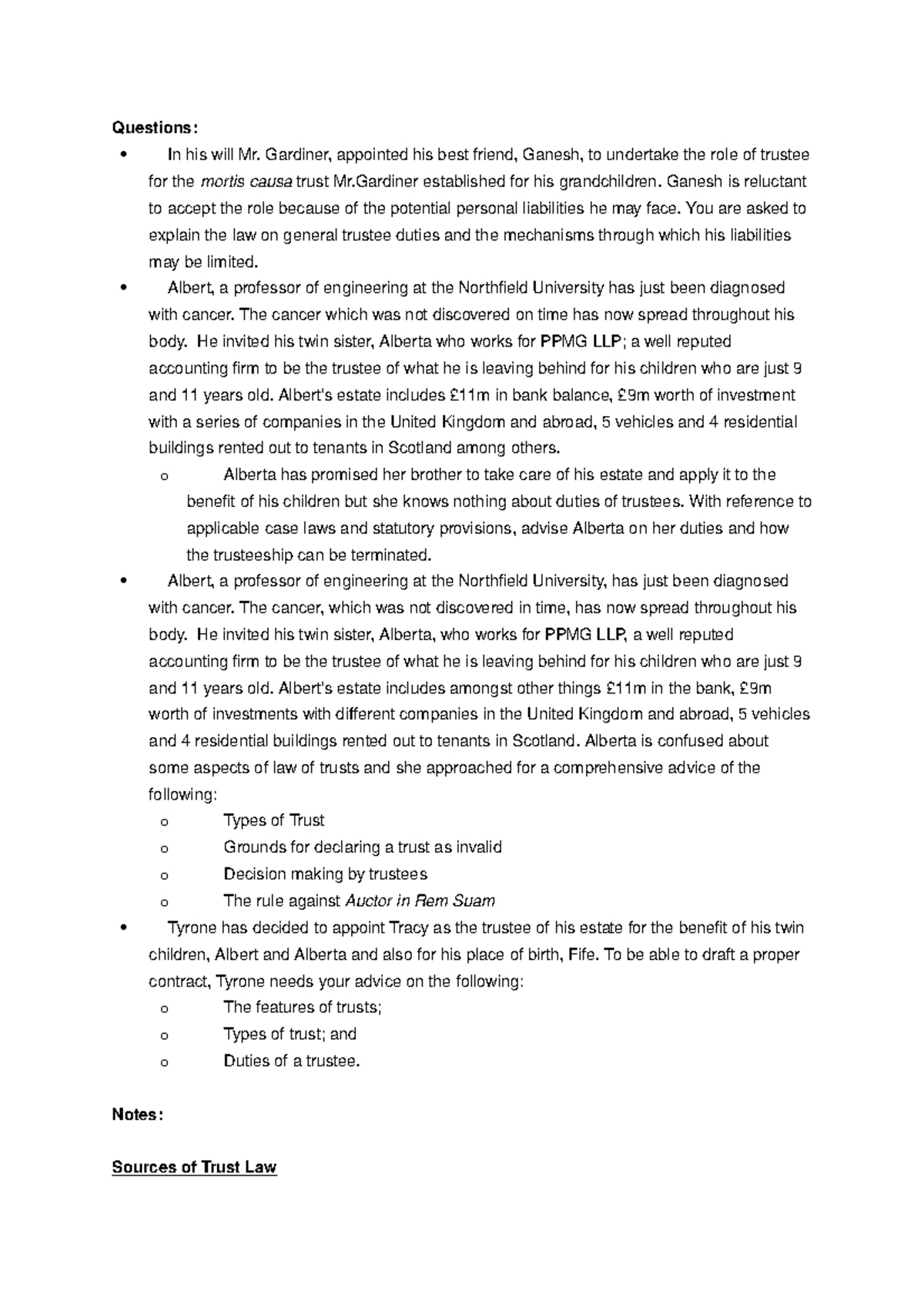 Trusts additional notes Questions In his will Mr. Gardiner