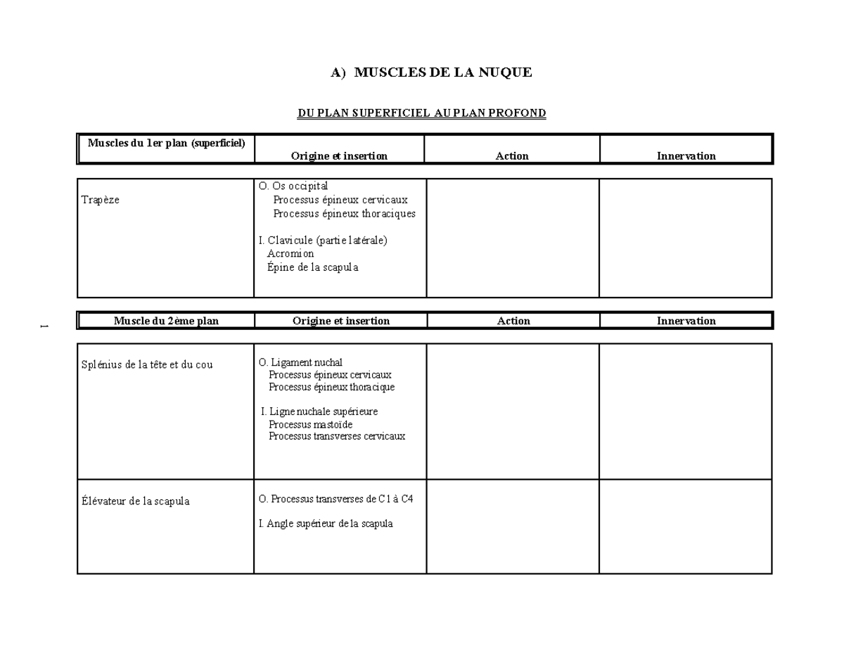 Tableau des muscles t%C3%AAte et cou - 1 A) MUSCLES DE LA NUQUE DU PLAN ...