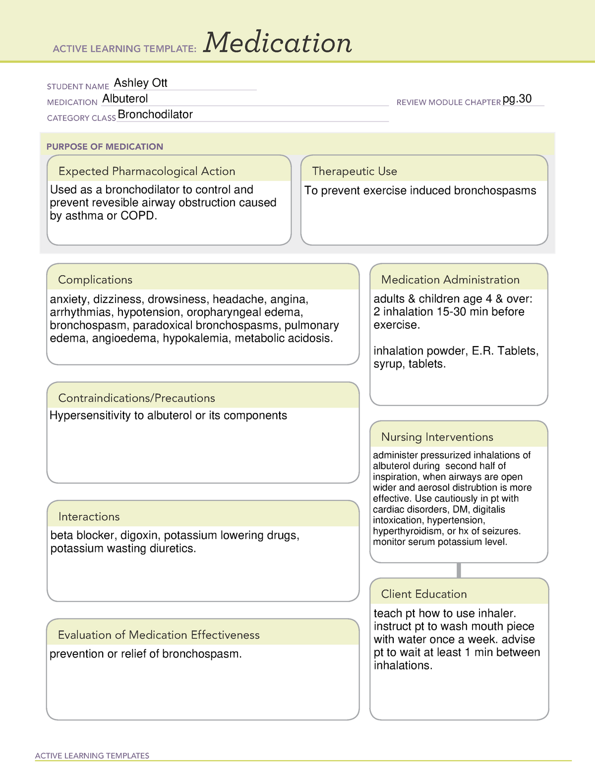 Albuterol med card ACTIVE LEARNING TEMPLATES Medication STUDENT NAME