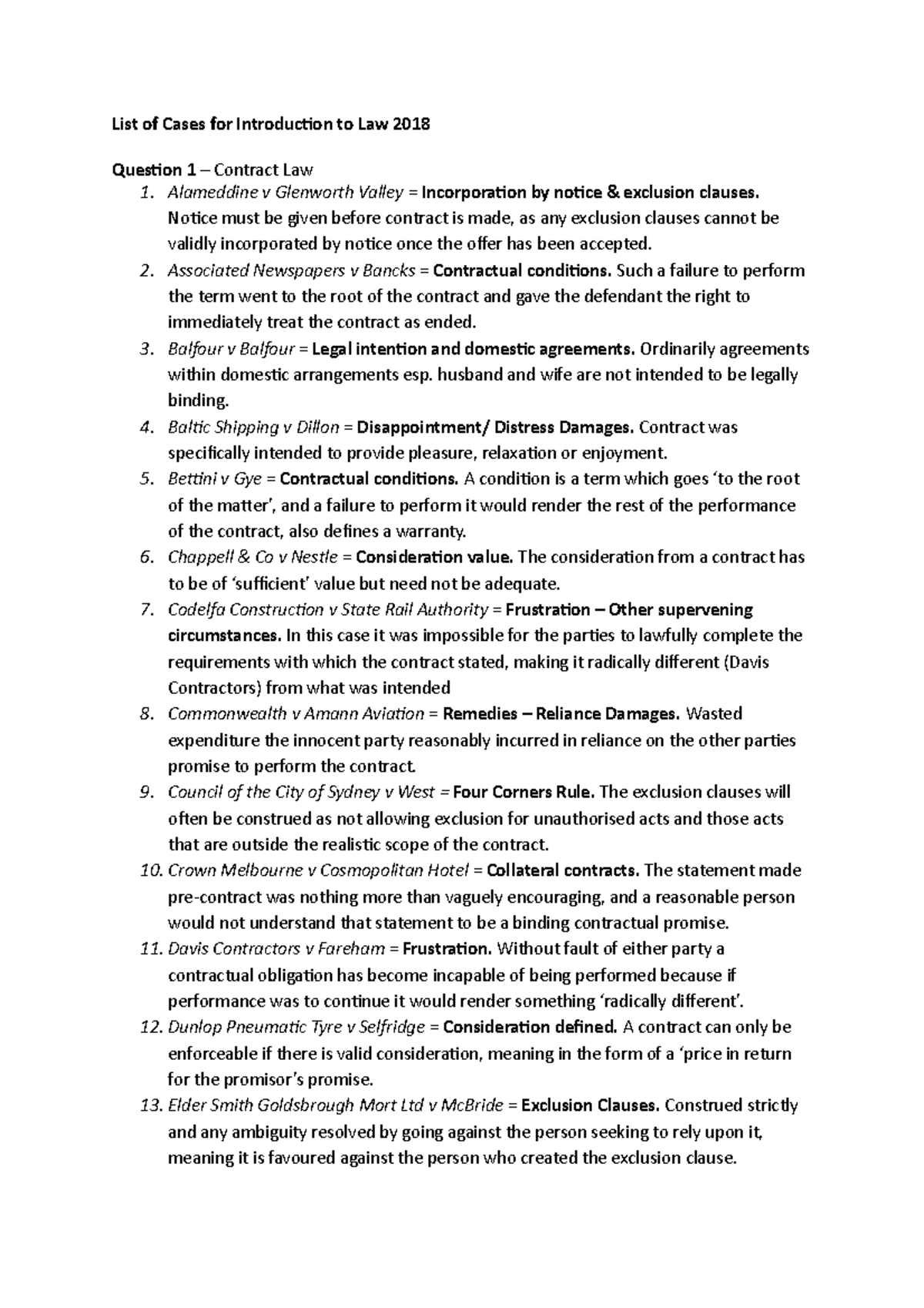 List of Cases for Intro to Law - List of Cases for Introduction to Law ...
