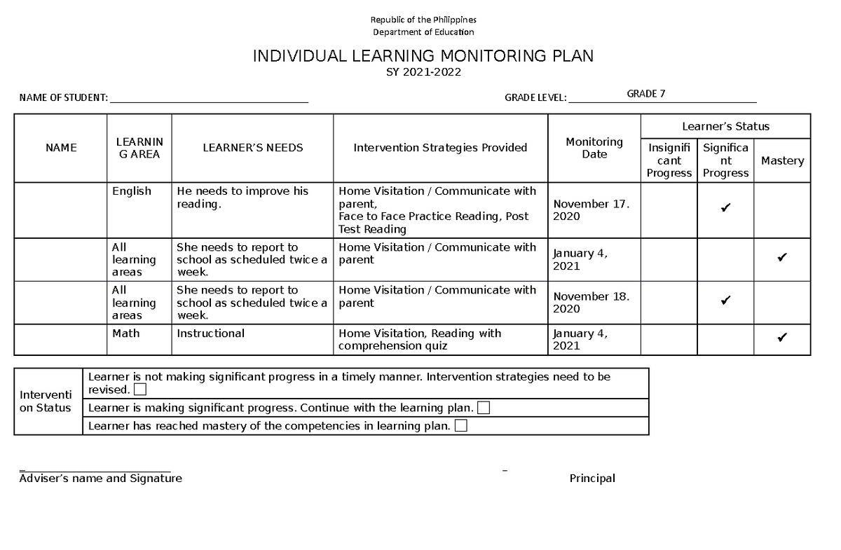 ILMP - Monitoring Template - Republic of the Philippines Department of ...