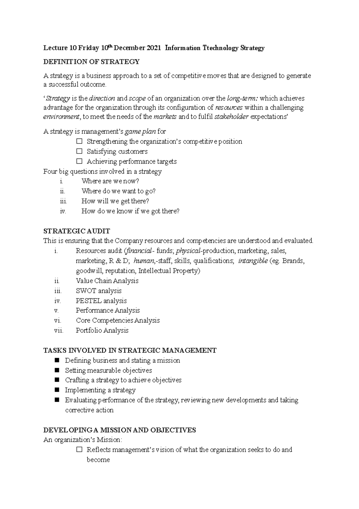 Lecture 10 Friday 10th December 2021 Information Technology Strategy ...