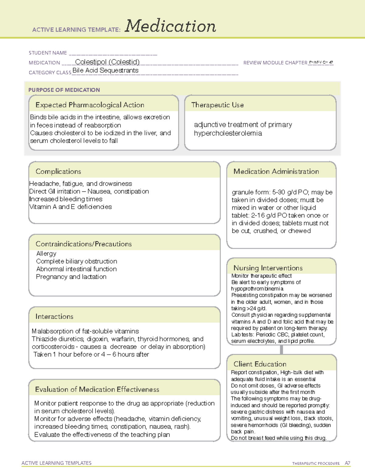 Colestipol (Colestid) - ACTIVE LEARNING TEMPLATES THERAPEUTIC PROCEDURE ...