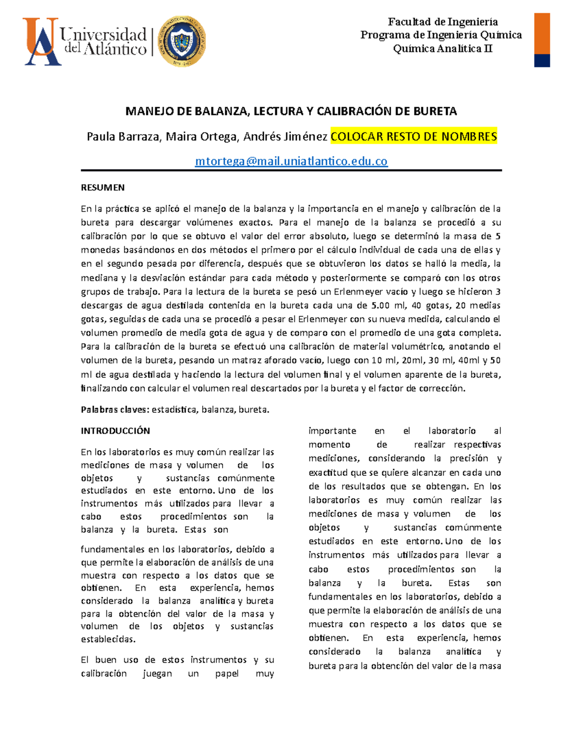 Laboratorio Analítica 2, Experiencias 1,2 Y 3 - MANEJO DE BALANZA ...