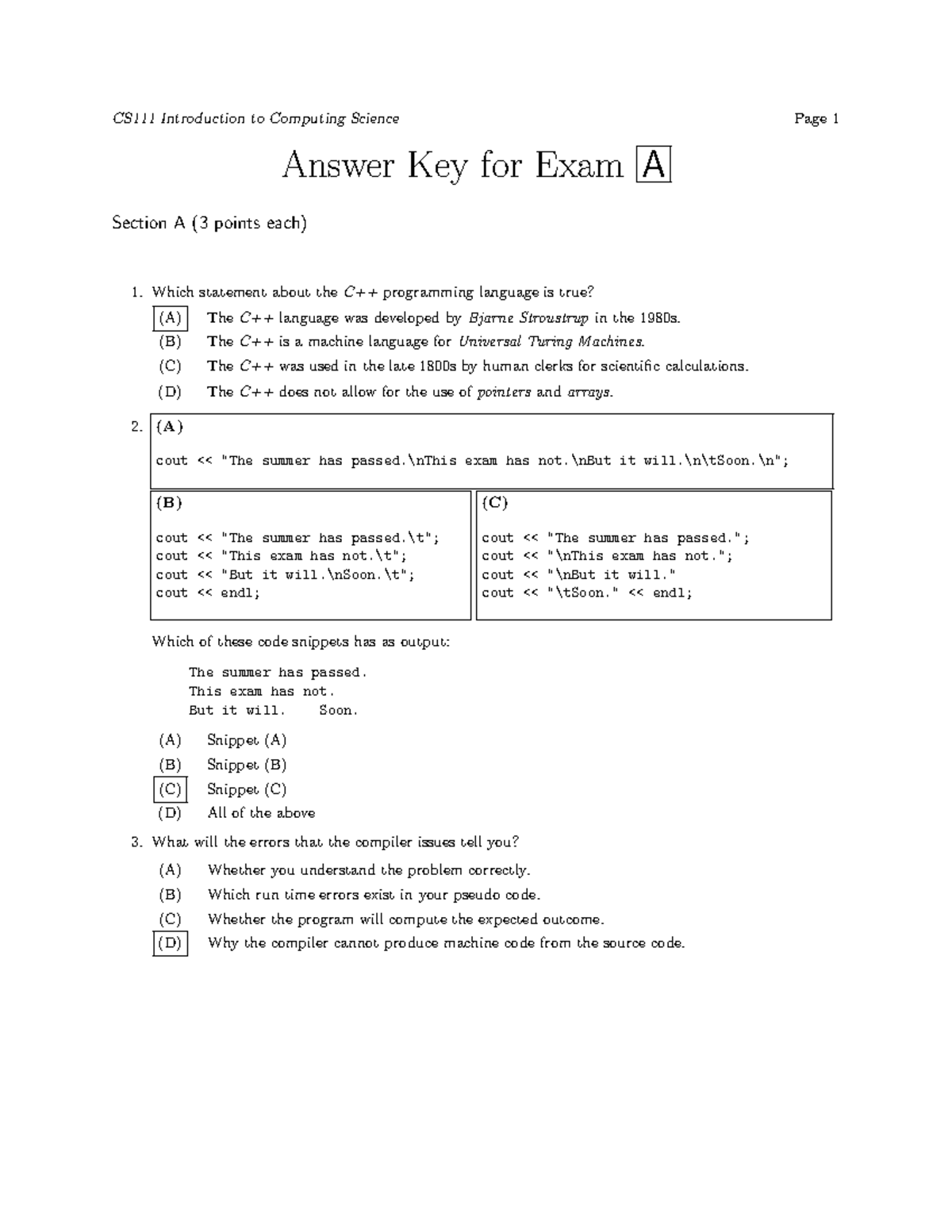 CS111 - Final Exam Guide - Semester One - 2014 - Answer Key for Exam A ...