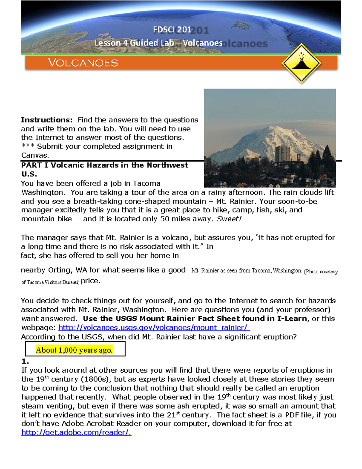 Lesson 4 Guided Lab (Volcanoes) - Instructions: Find The Answers To The ...