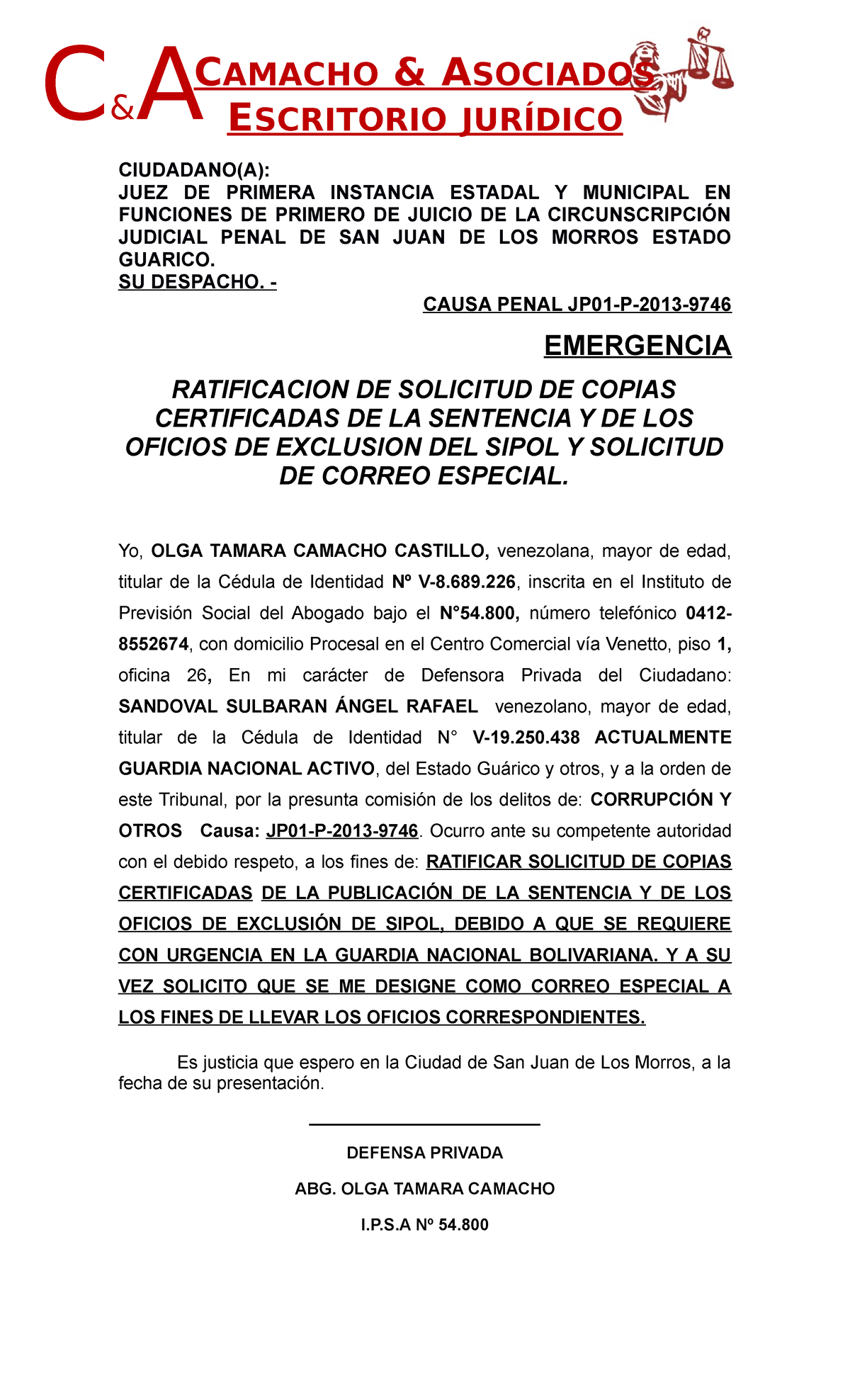 Solicitud DE Ratificacion Sandoval 1222 C AMACHO & ASOCIADOS E