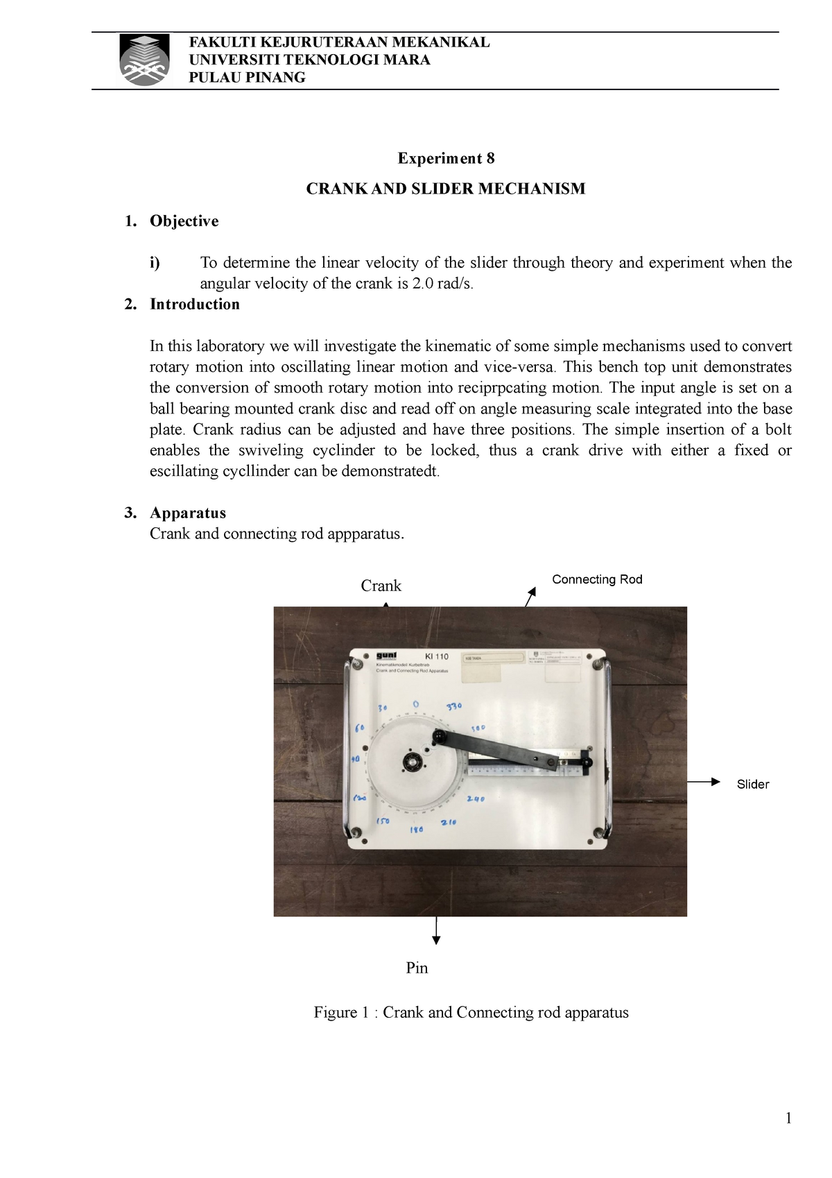 experiment on slider crank mechanism