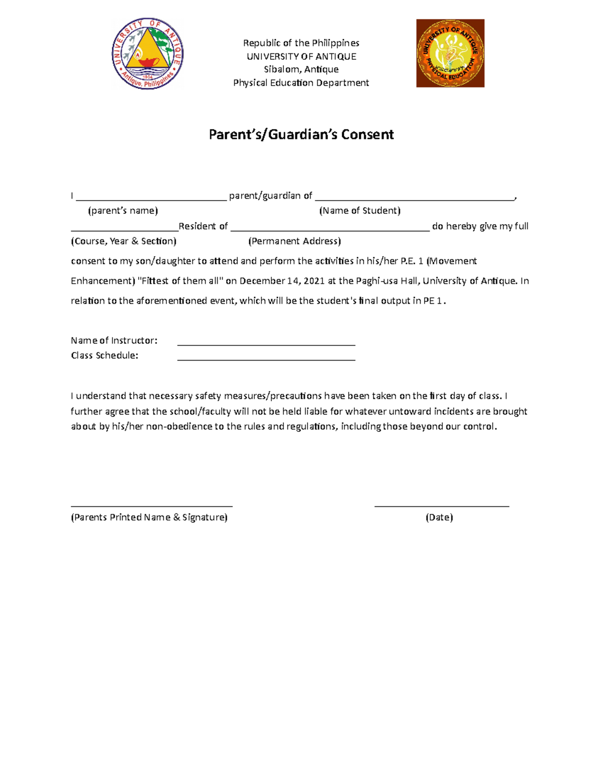 Waiver For PE 1 Movement Enhancement Republic Of The Philippines UNIVERSITY OF ANTIQUE Sibalom 