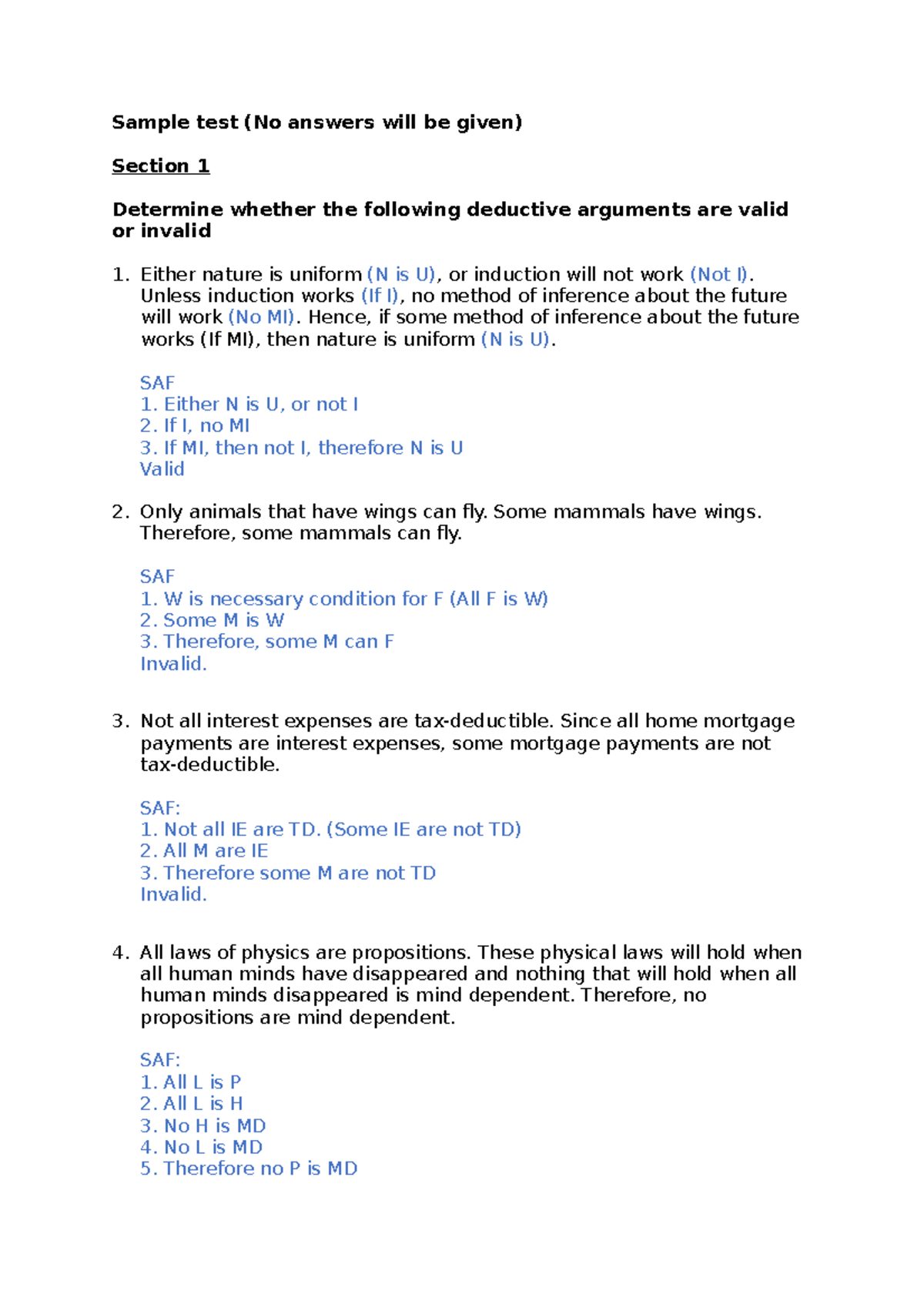 Sample Test - Unless induction works (If I), no method of inference ...