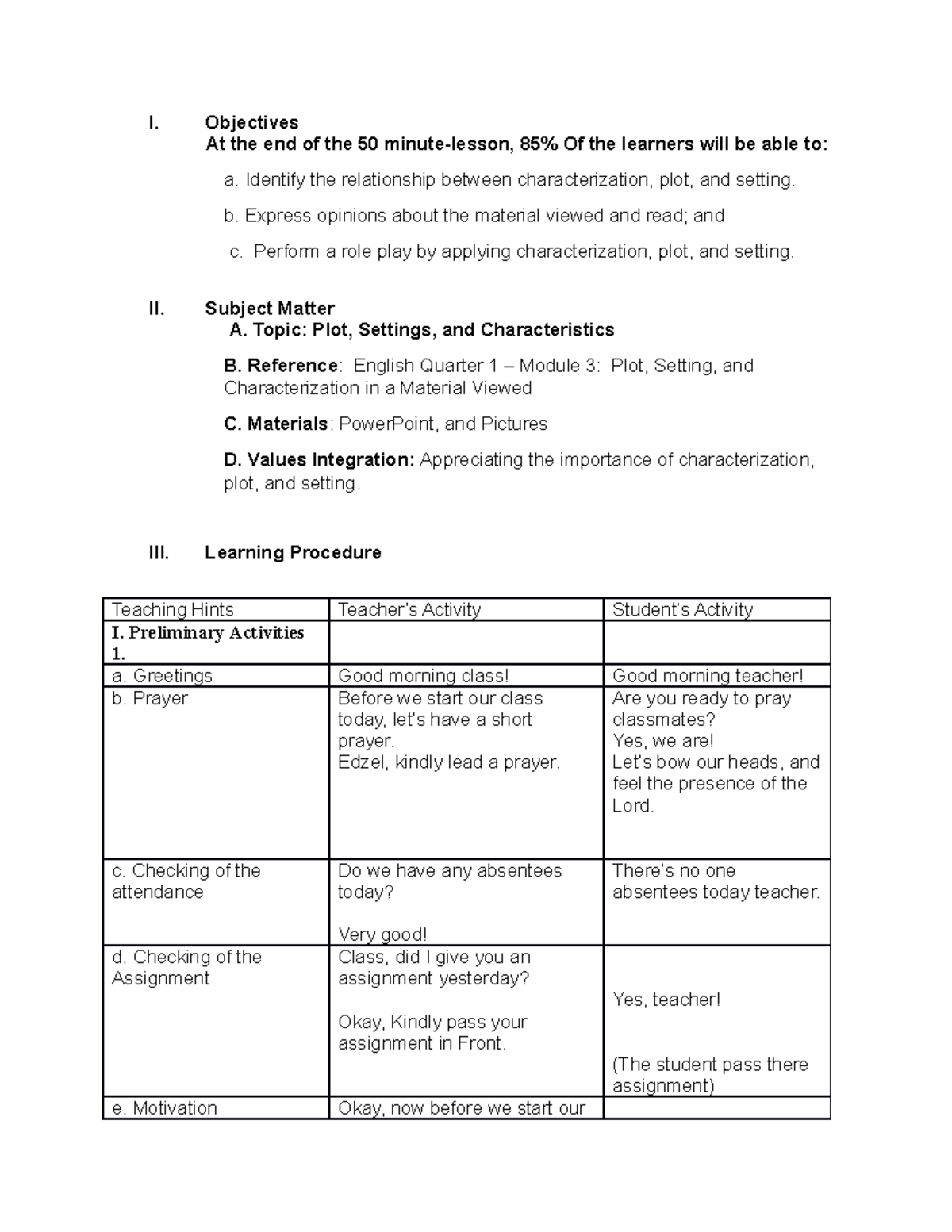 DLP Grade 10 Sarte - notes - I. Objectives At the end of the 50 minute ...