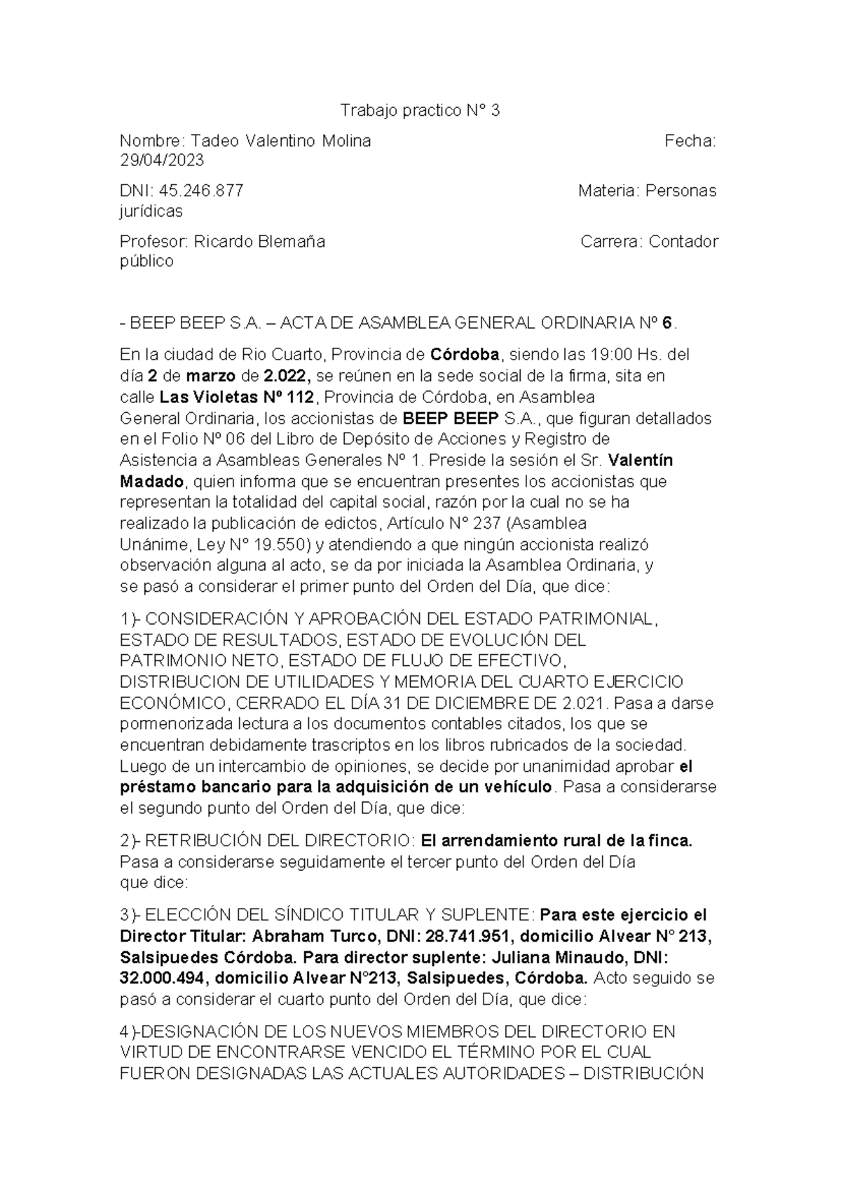 Tp3 Personas Juridicas Trabajo Practico N° 3 Nombre Tadeo Valentino Molina Fecha 2904 Dni 0195