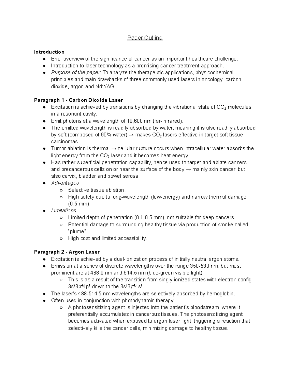 Outline - Laser Oncology - Paper Outline Introduction Brief overview of ...