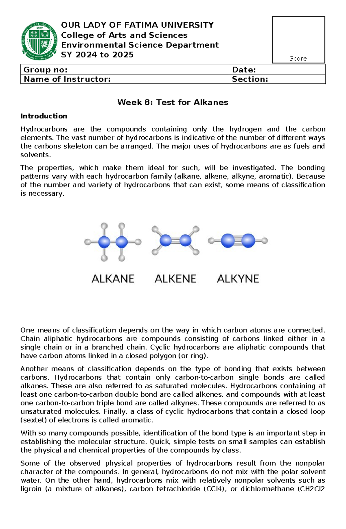 Medtech WEEK 8 LAB Activity 6 Test for Alkanes - Score College of Arts ...