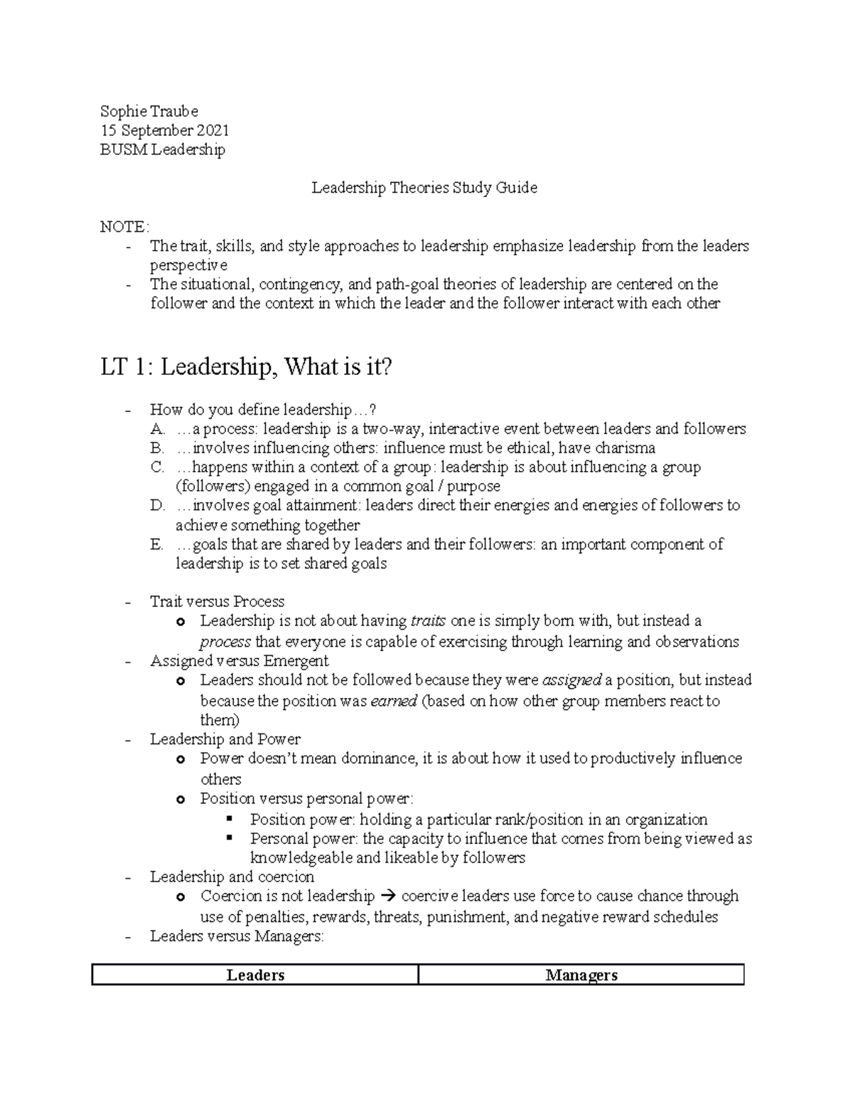 Business Leadership - Leadership Theories Study Guide - Sophie Traube ...