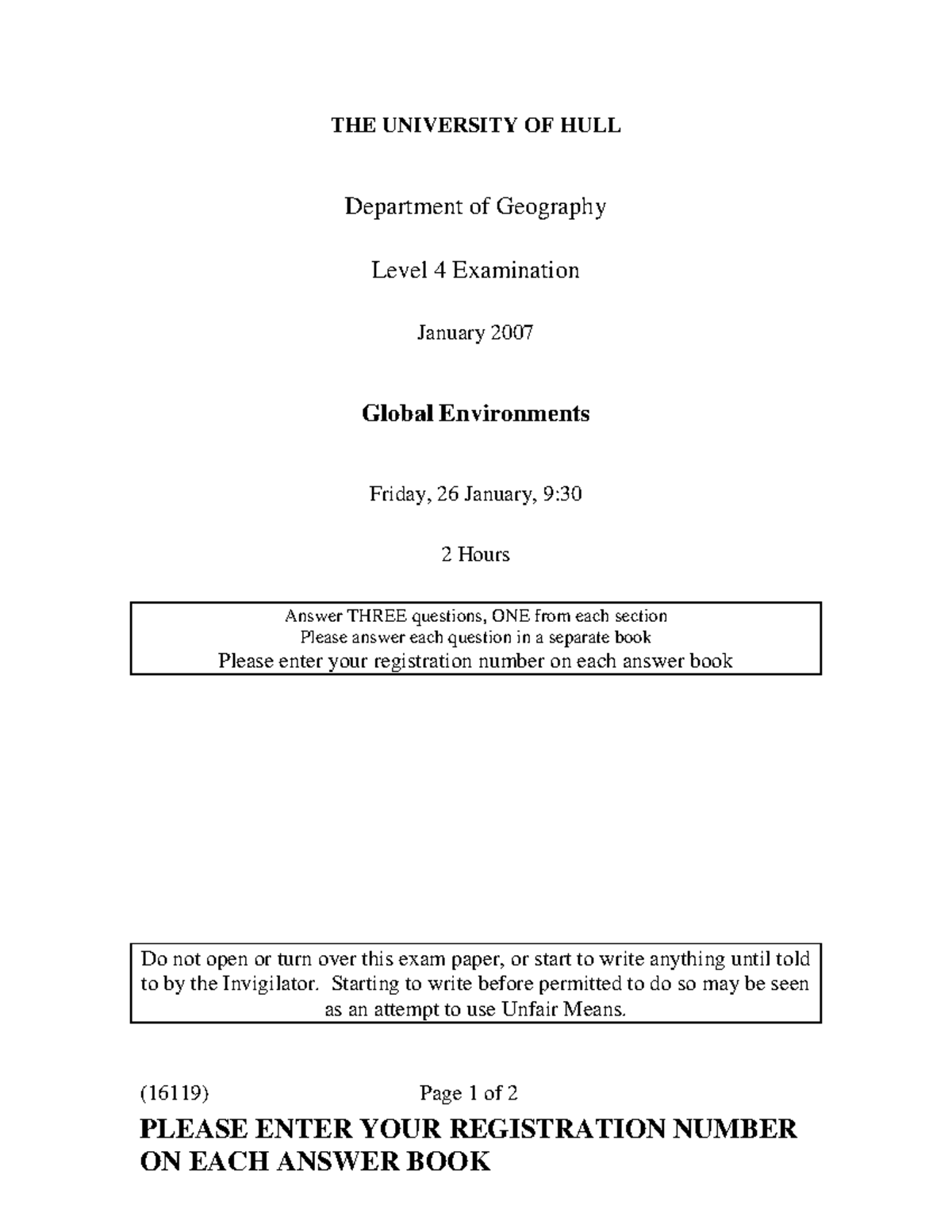 Global Environments Exam2009 v3 THE UNIVERSITY OF HULL Department of